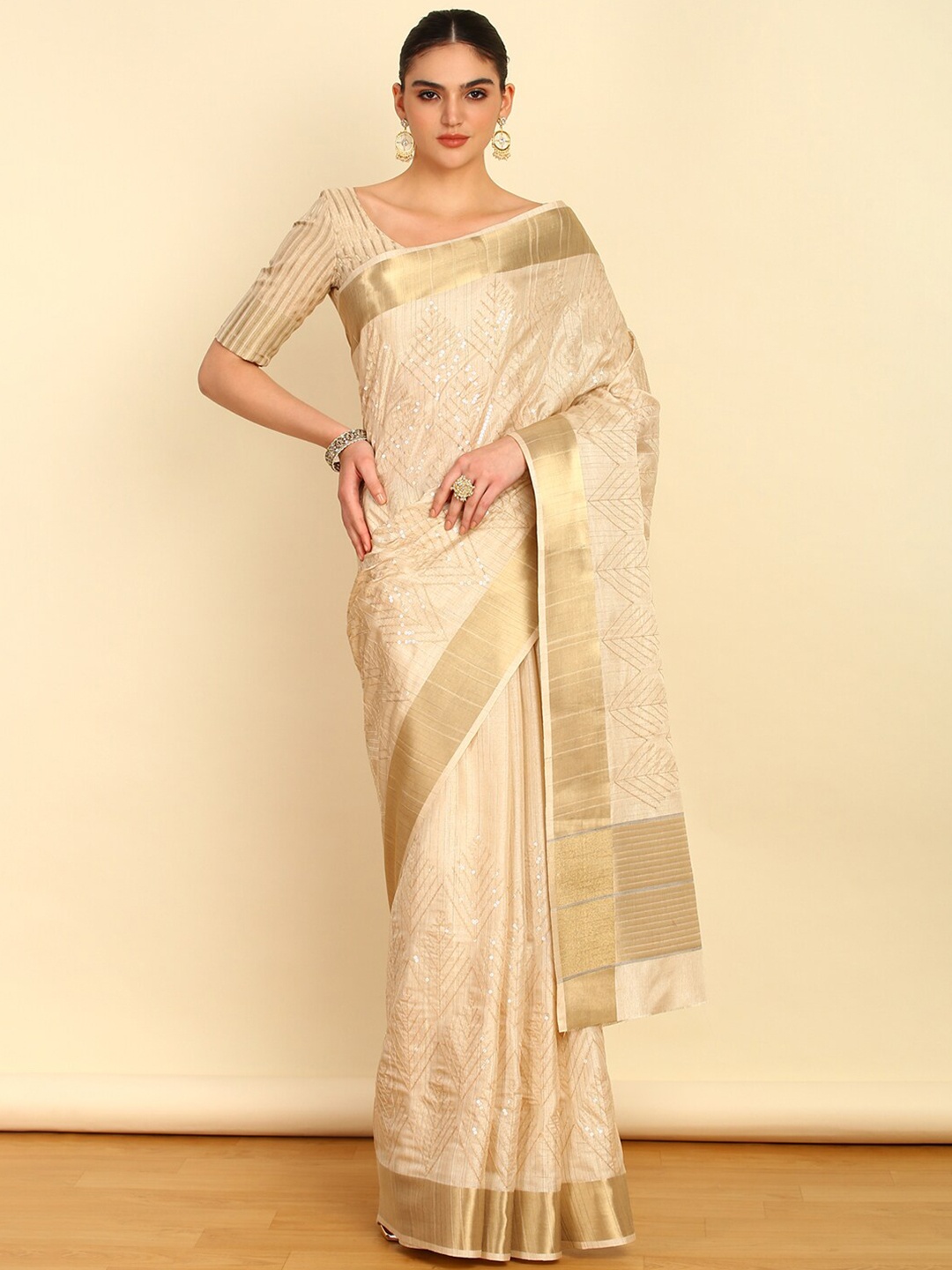 

Soch Sequinned Fusion Tussar Saree, Beige