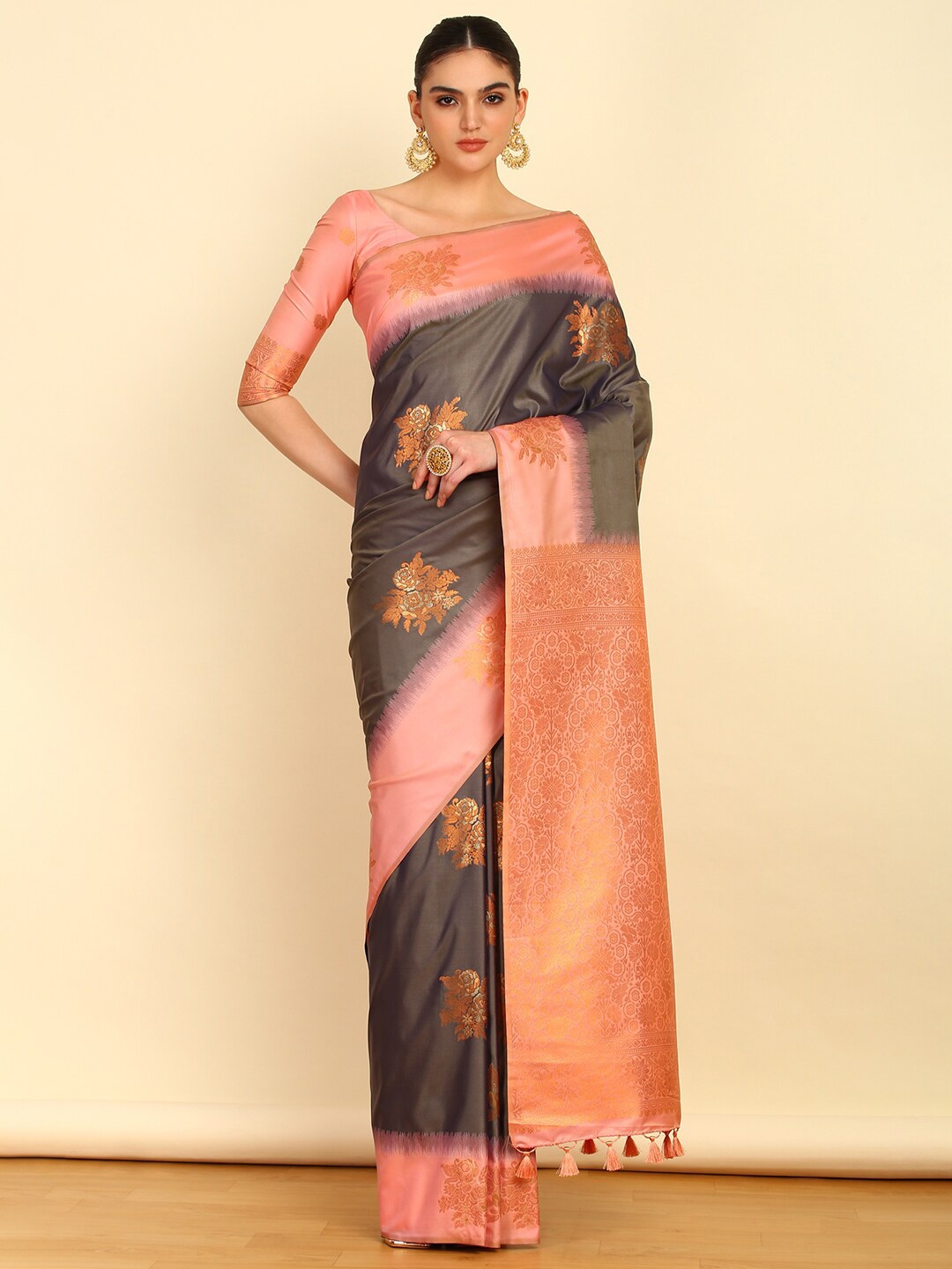 

Soch Floral Woven Design Zari Fusion Saree, Grey