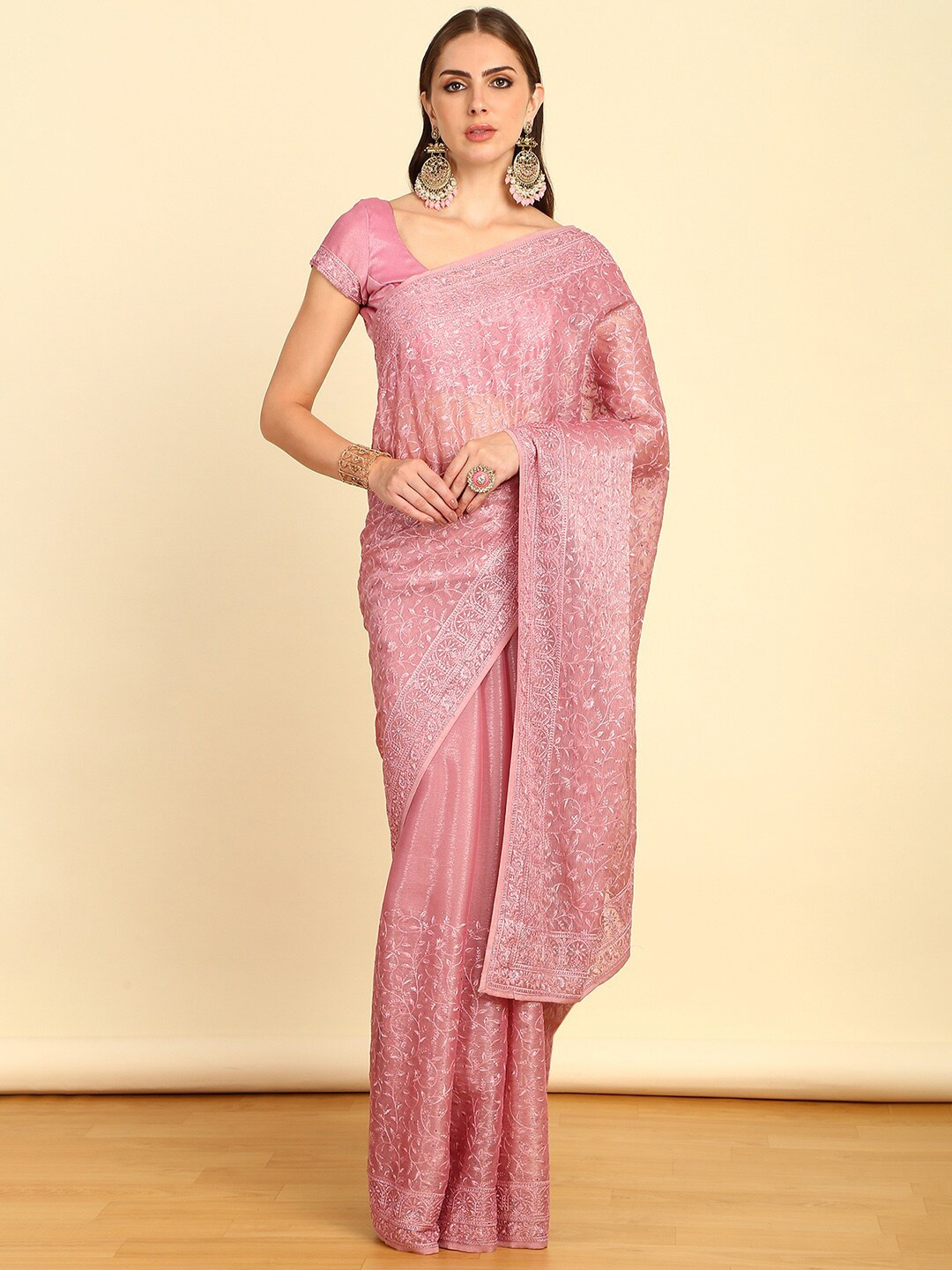 

Soch Floral Beads and Stones Pure Chiffon Saree, Pink