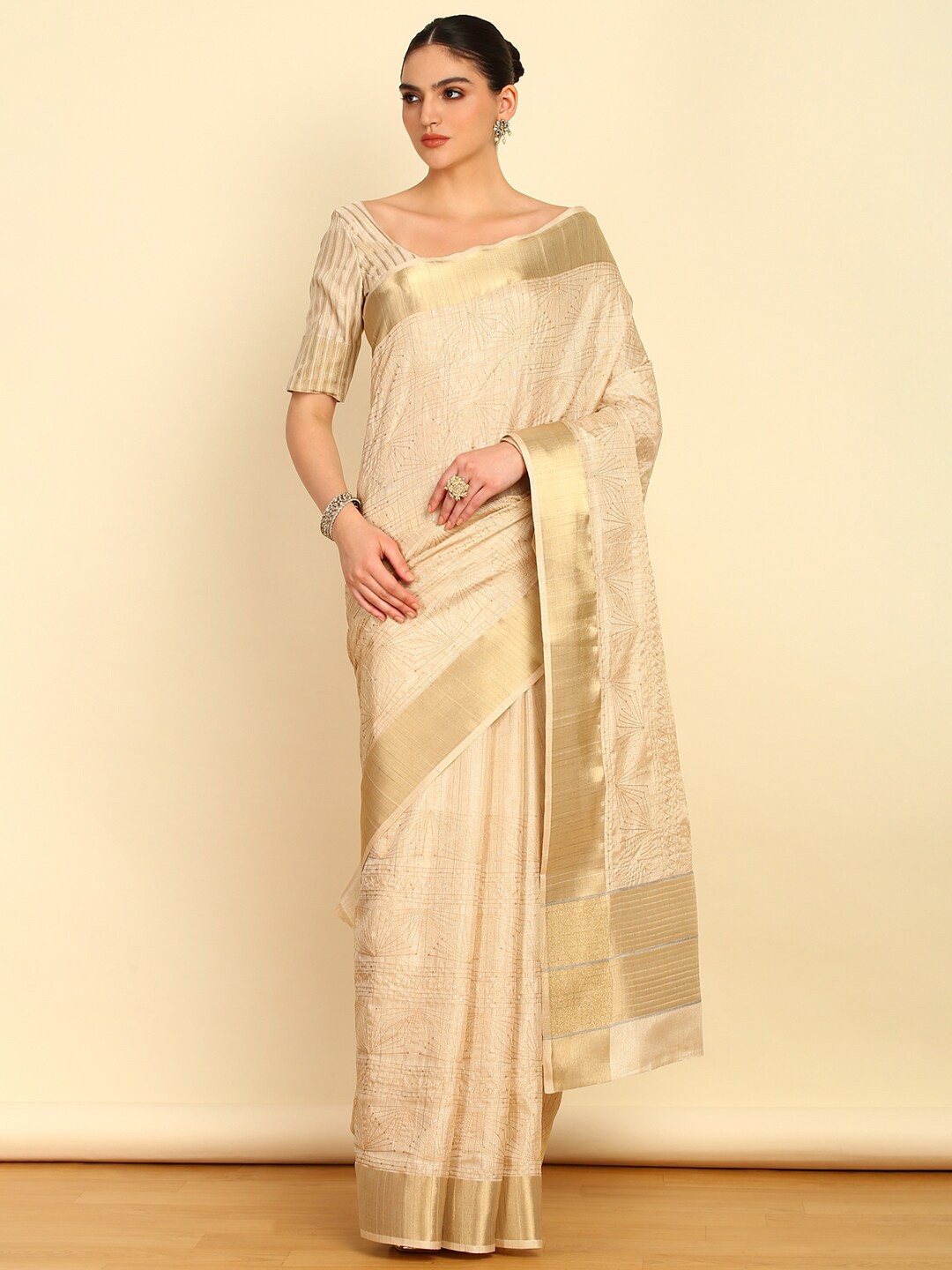 

Soch Geometric Sequinned Embroidered Tussar Saree, Beige