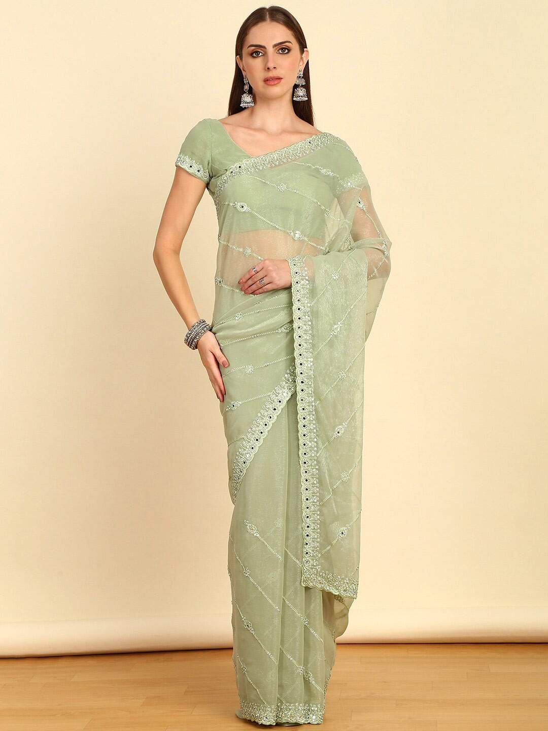

Soch Floral Beads and Stones Pure Chiffon Fusion Saree, Green