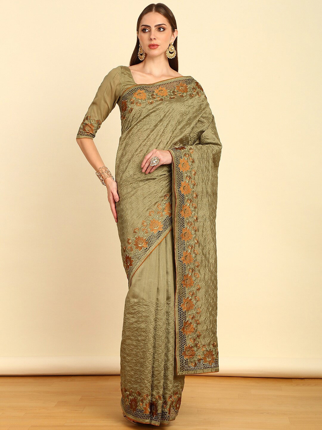

Soch Floral Embroidered Tussar Saree, Olive