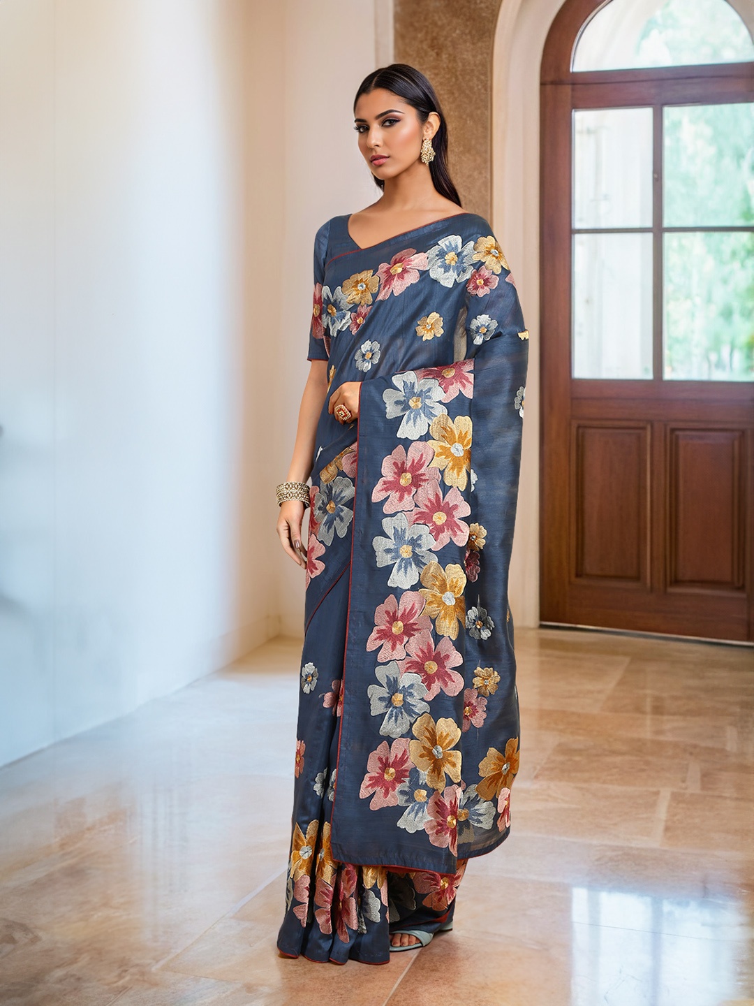 

Soch Floral Embroidered Tussar Saree, Blue