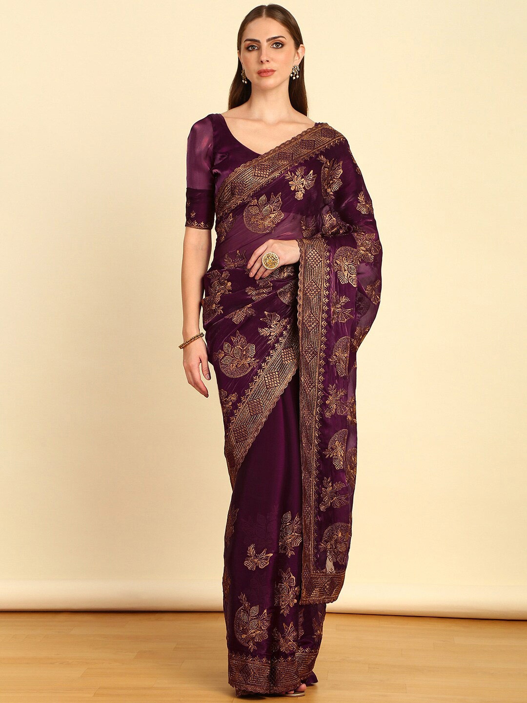

Soch Floral Beads And Stones Embellished Organza Saree, Purple