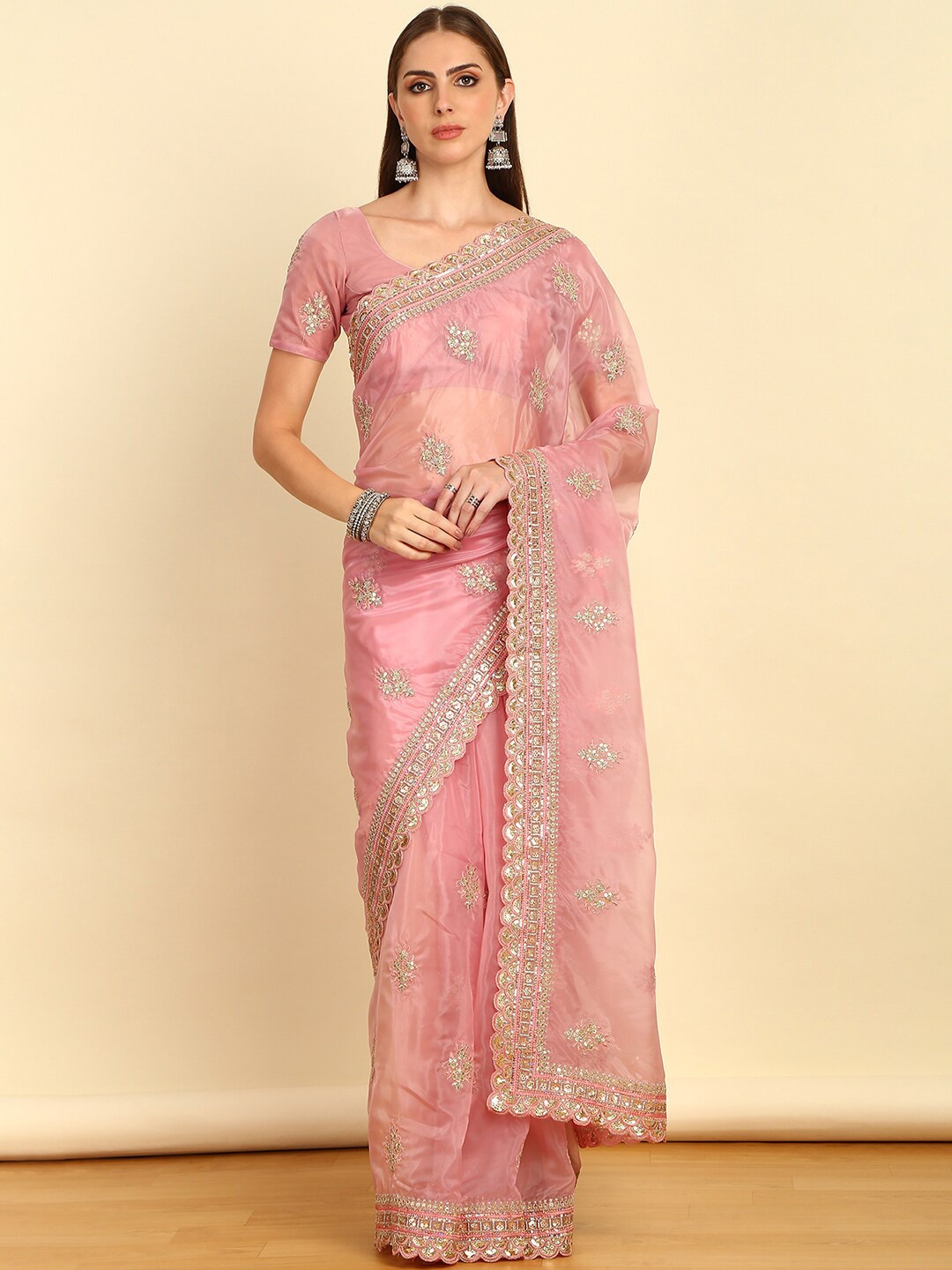 

Soch Pink Floral Embroidered Sequinned Organza Saree