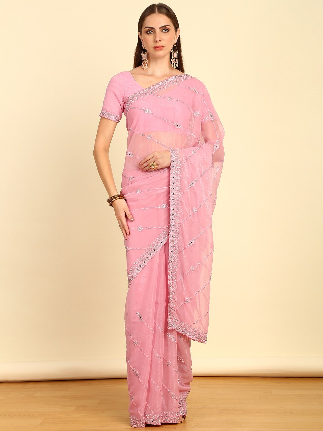 

Soch Floral Embroidered Pure Chiffon Saree, Pink