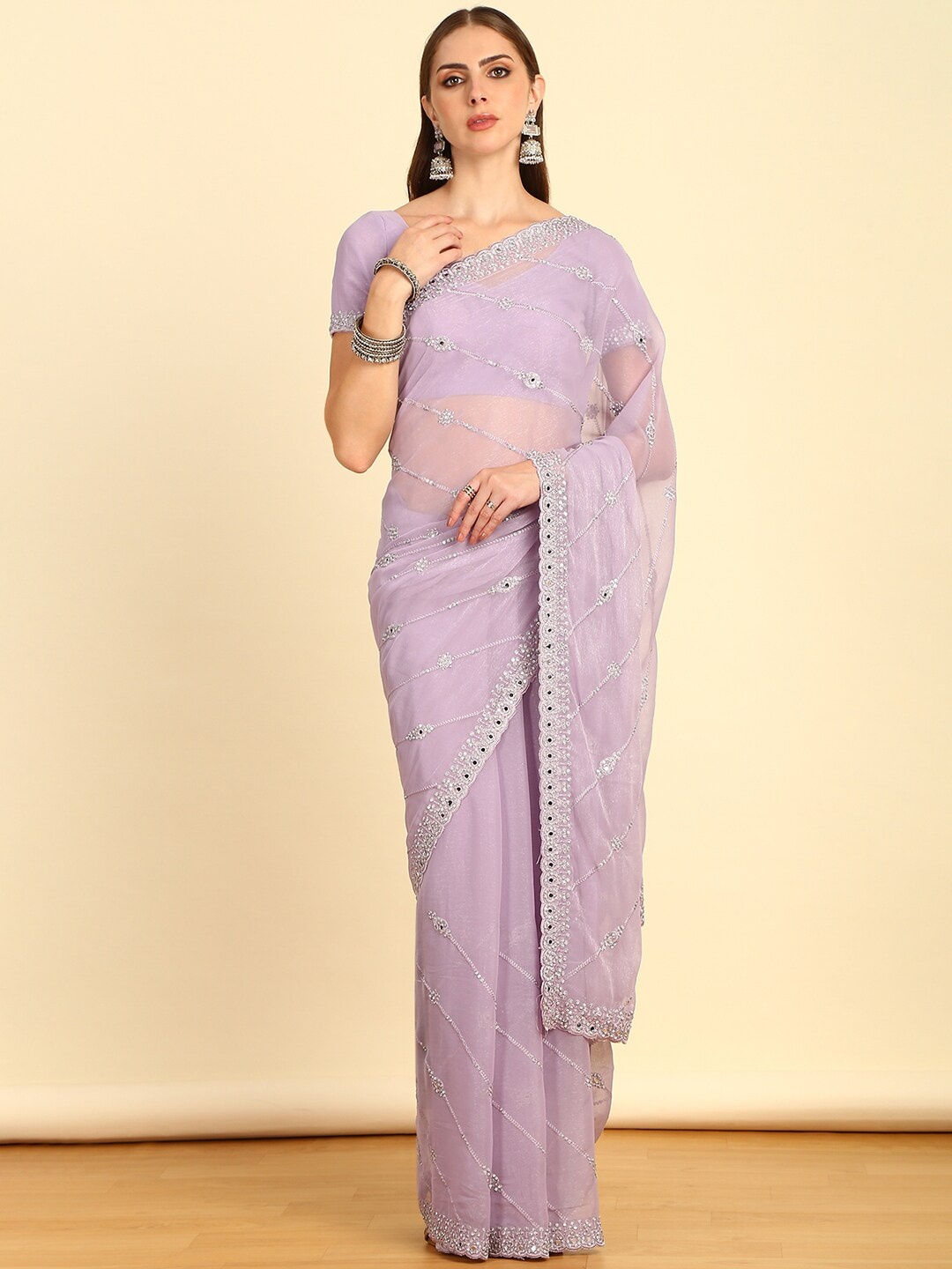 

Soch Lavender Floral Embellished Beads and Stones Pure Chiffon Saree