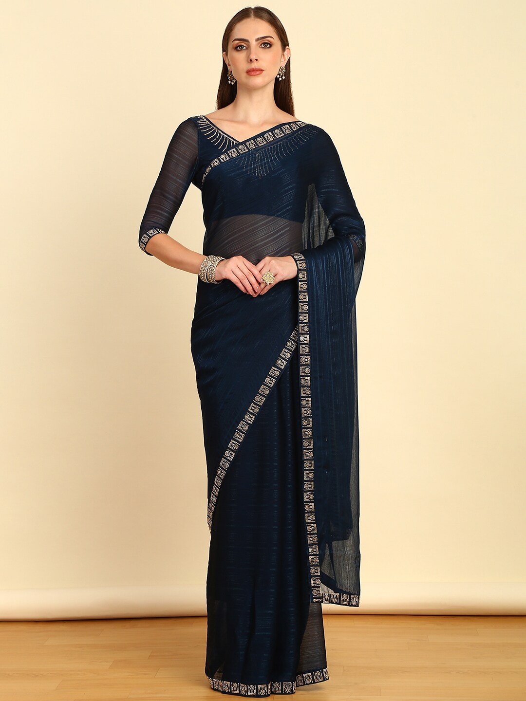 

Soch Navy Blue Striped Beads and Stones Pure Chiffon Saree
