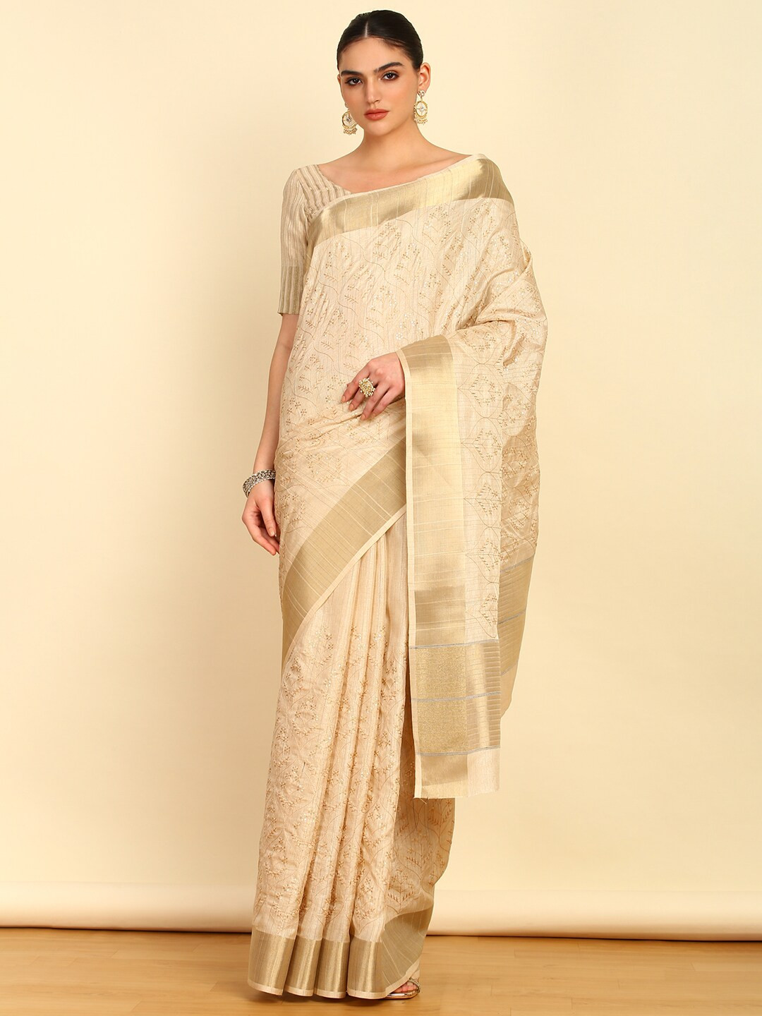 

Soch Floral Sequinned Tussar Saree, Beige