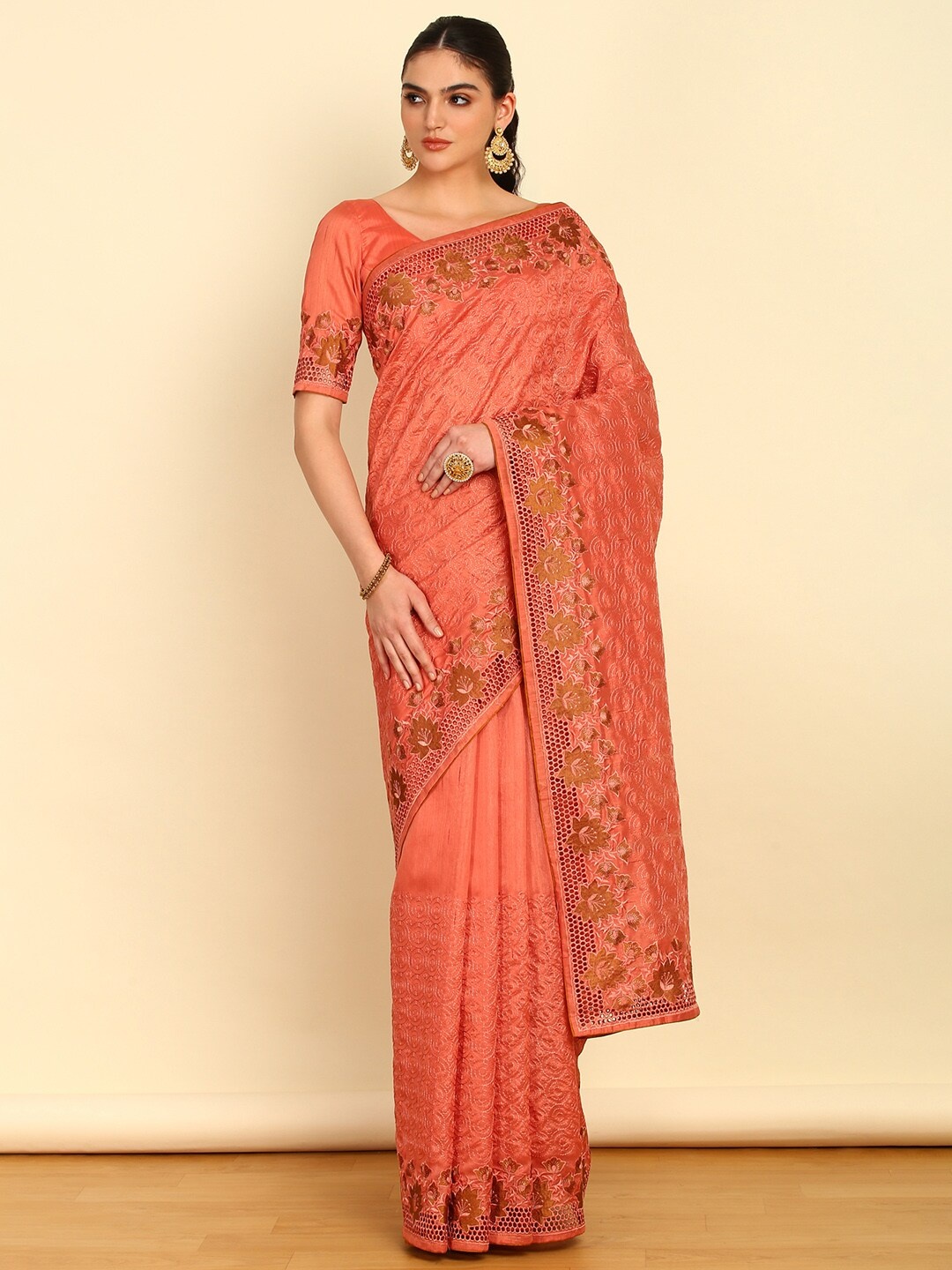 

Soch Floral Embroidered Tussar Saree, Rust