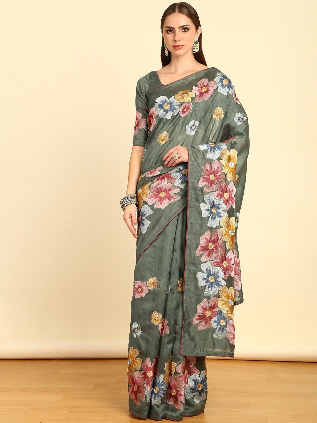 

Soch Olive Green Floral Printed Zari Tussar Saree