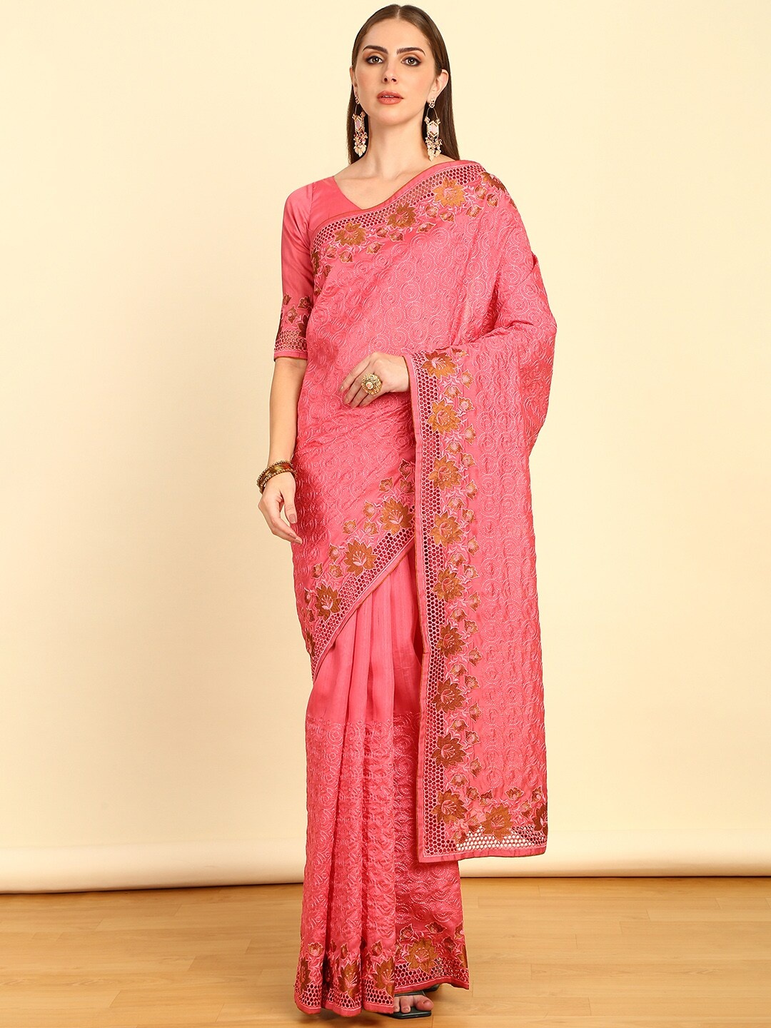 

Soch Floral Embroidered Tussar Saree, Pink