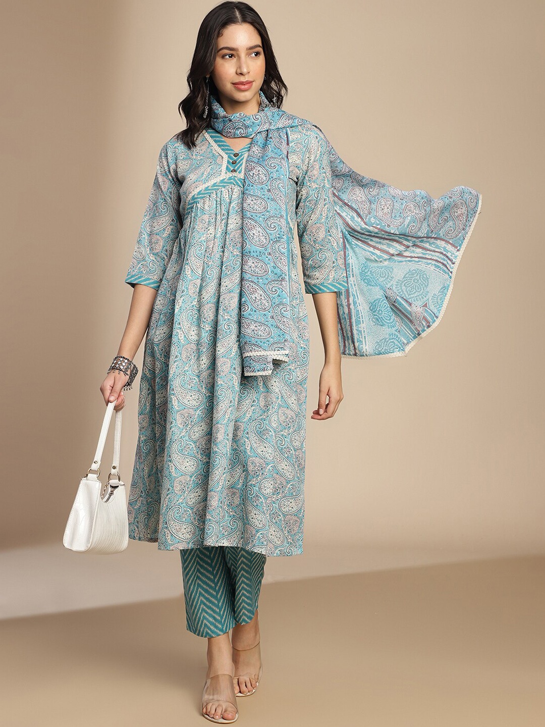 

HRITIKA Paisley Printed Empire Kurta with Trousers & With Dupatta, Blue