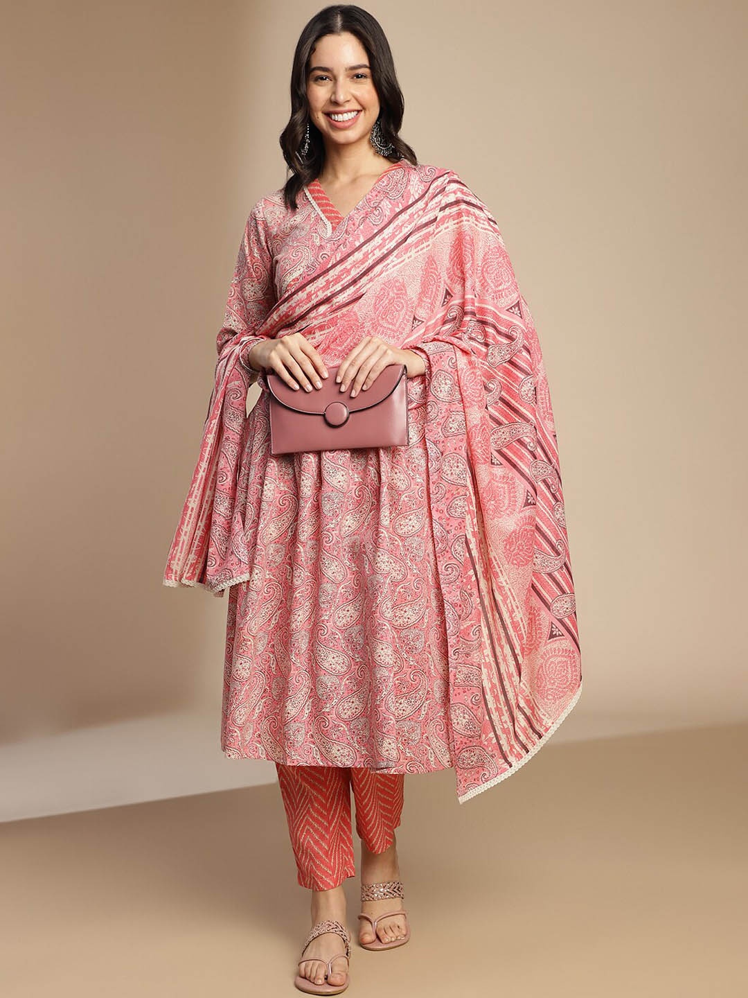 

HRITIKA Ethnic Motifs Printed A-Line Kurta with Trousers & Dupatta, Pink