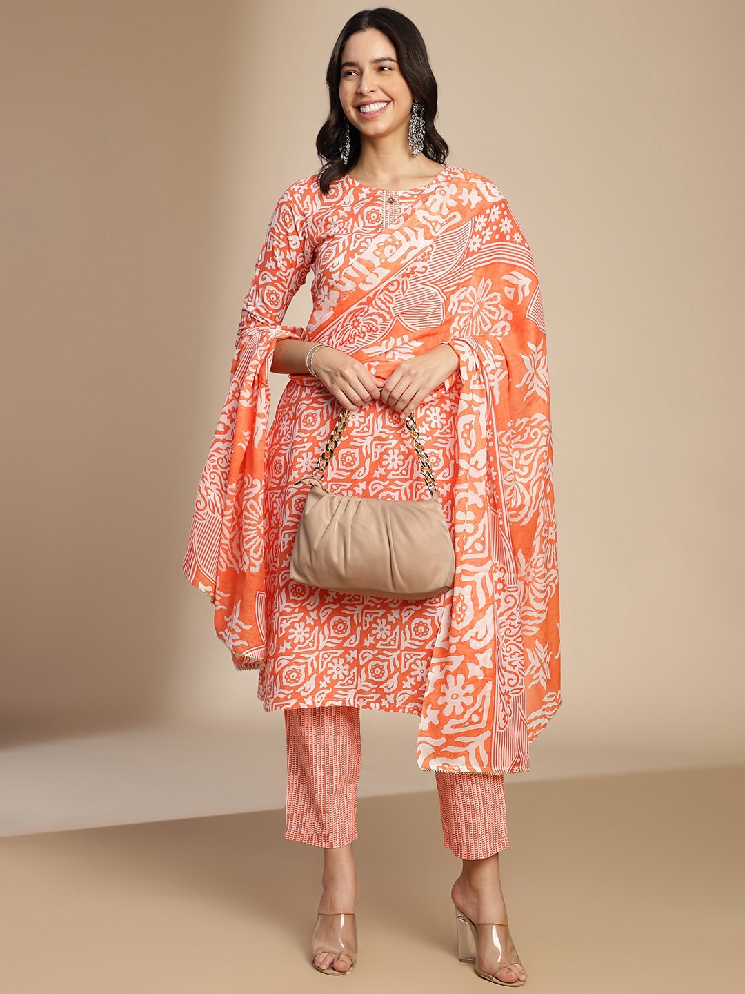 

HRITIKA Floral Printed Regular Kurta with Trousers & Dupatta, Orange