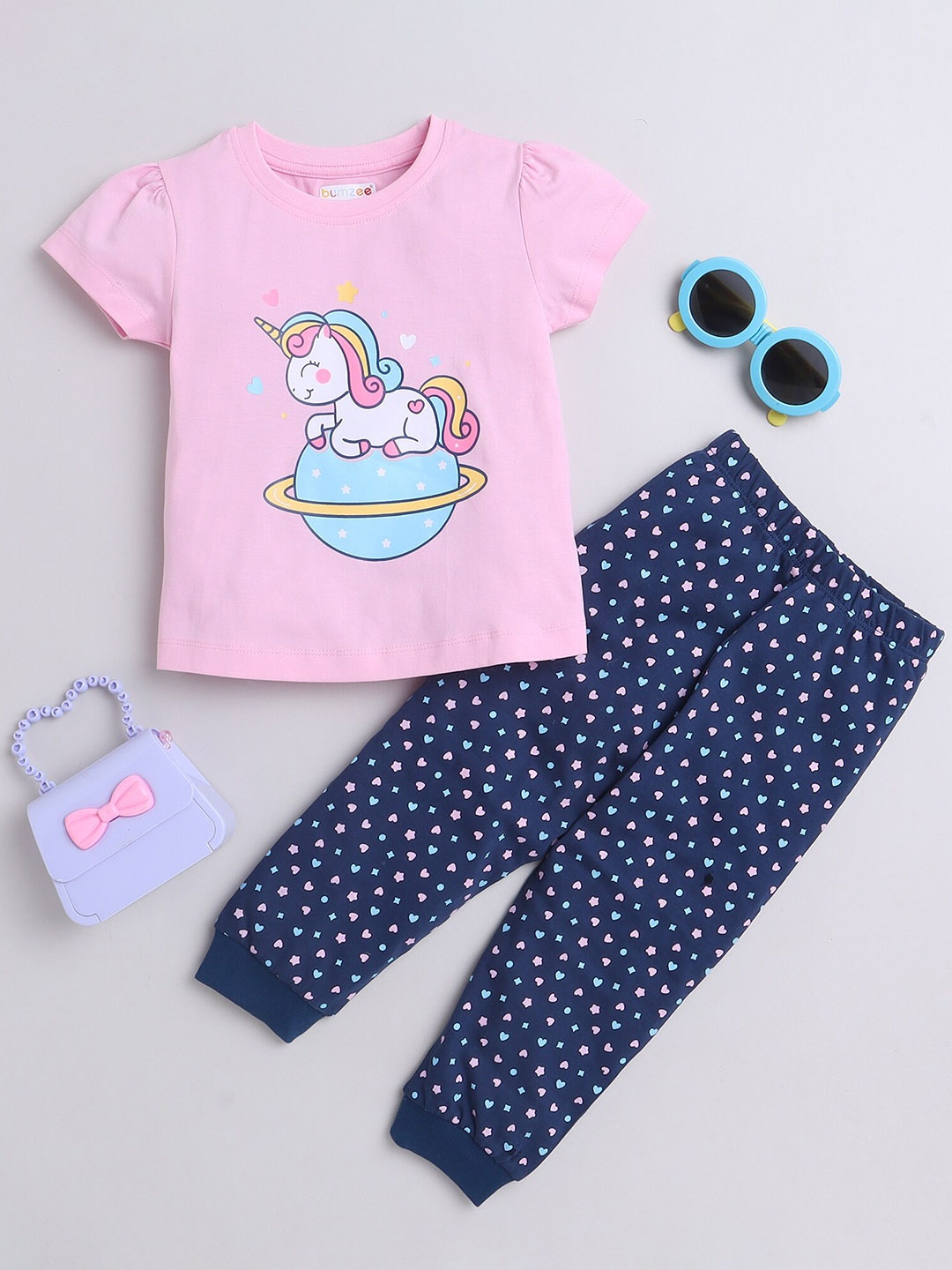

BUMZEE Girls Printed Pure Cotton Night Suit, Pink