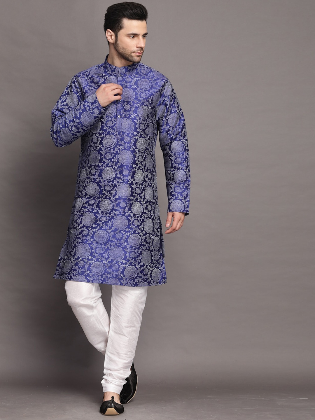 

Utsav Fashion Mandarin Collar Long Sleeves Floral Printed Straight Kurta with Churidar, Blue