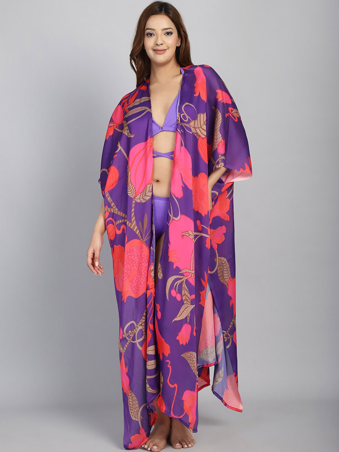 

CUKOO Floral Printed Padded Swimwear Cover Up Set, Purple
