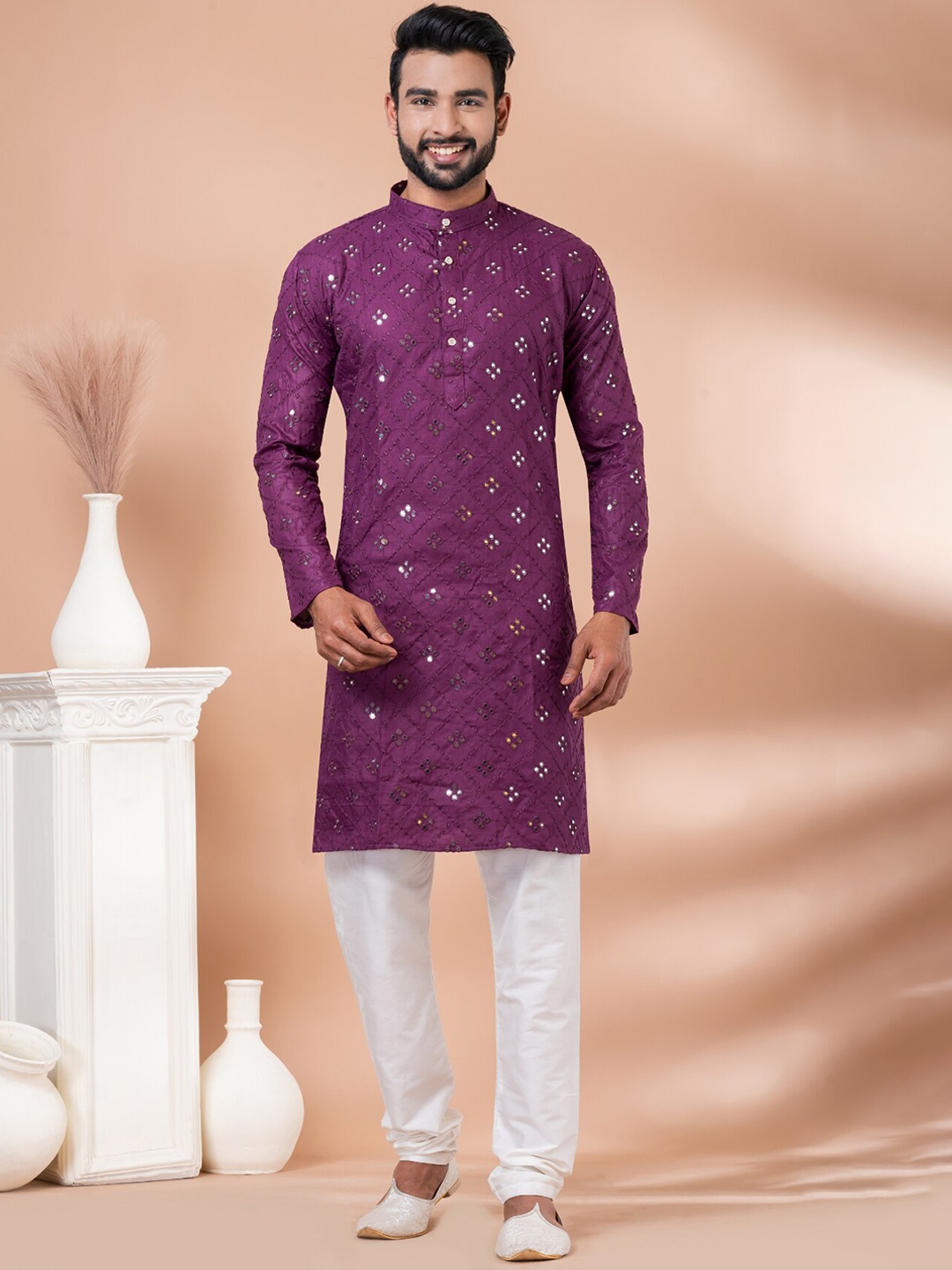 

Angroop Embroidered Regular Mirror Work Kurta with Pyjamas, Purple