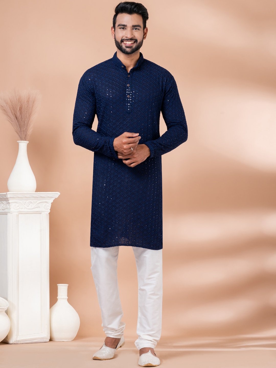 

Angroop Ethnic Motifs Embroidered Regular Sequinned Kurta with Pyjamas, Navy blue