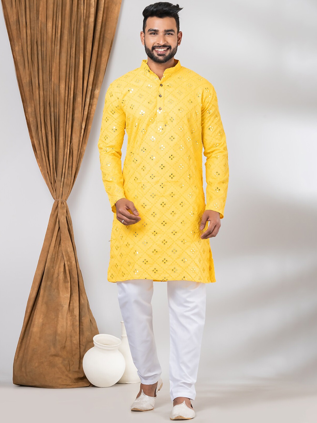 

Angroop Ethnic Motifs Embroidered Regular Thread Work Kurta with Pyjamas, Yellow