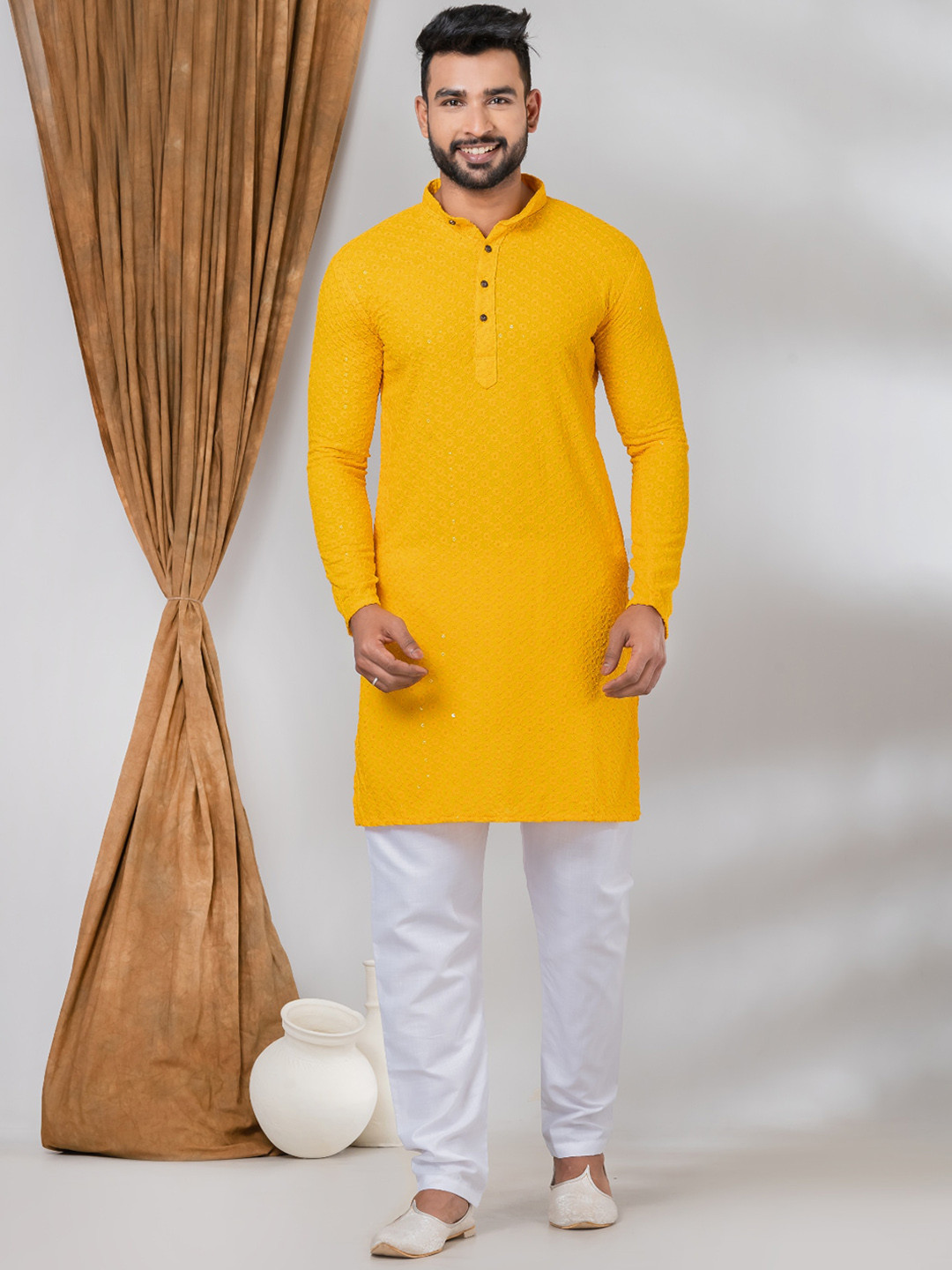 

Angroop Floral Embroidered Regular Sequinned Kurta with Pyjamas, Yellow