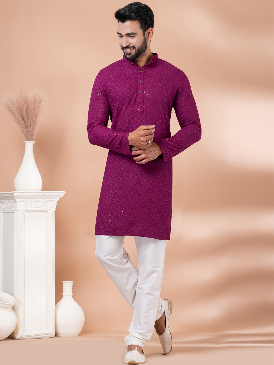 

Angroop Embroidered Regular Sequinned Kurta with Pyjamas, Purple