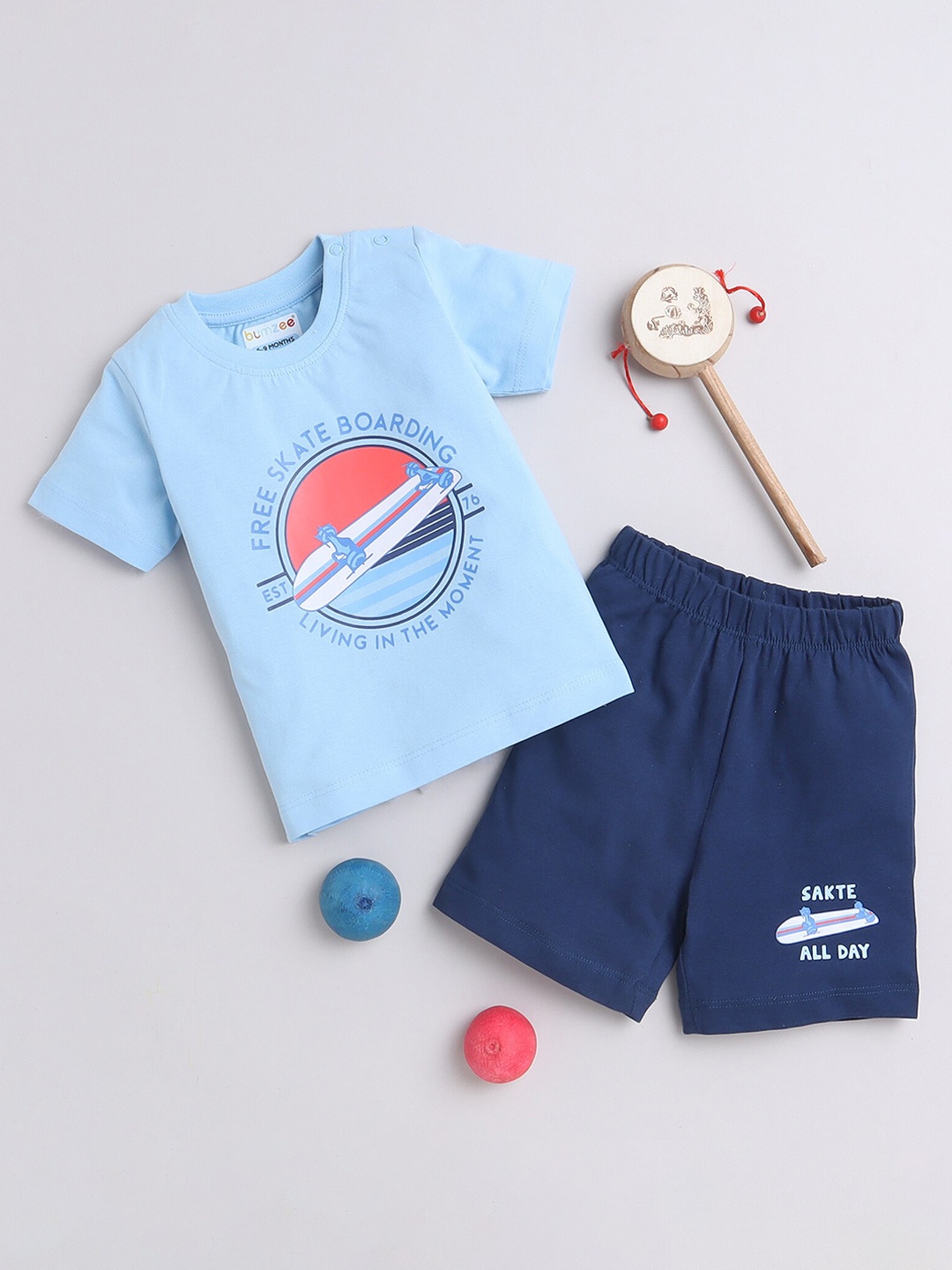 

BUMZEE Infant Boys Printed Pure Cotton T-shirt with Shorts, Blue