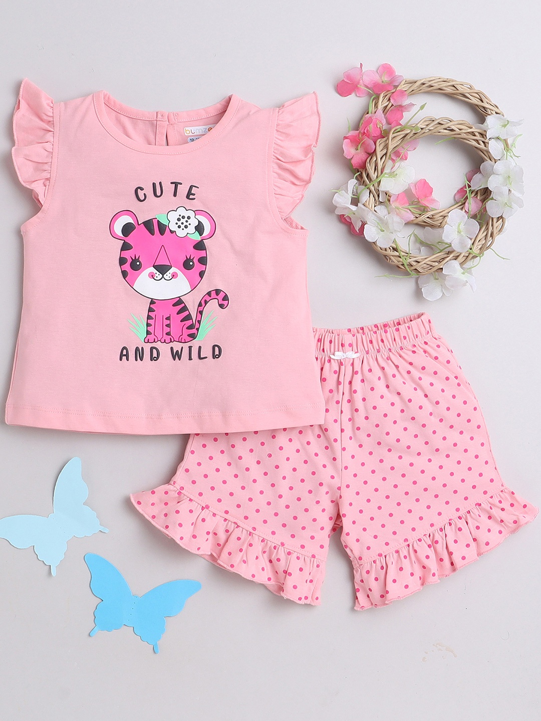

BUMZEE Girls Printed T-shirt With Shorts Clothing Set, Pink
