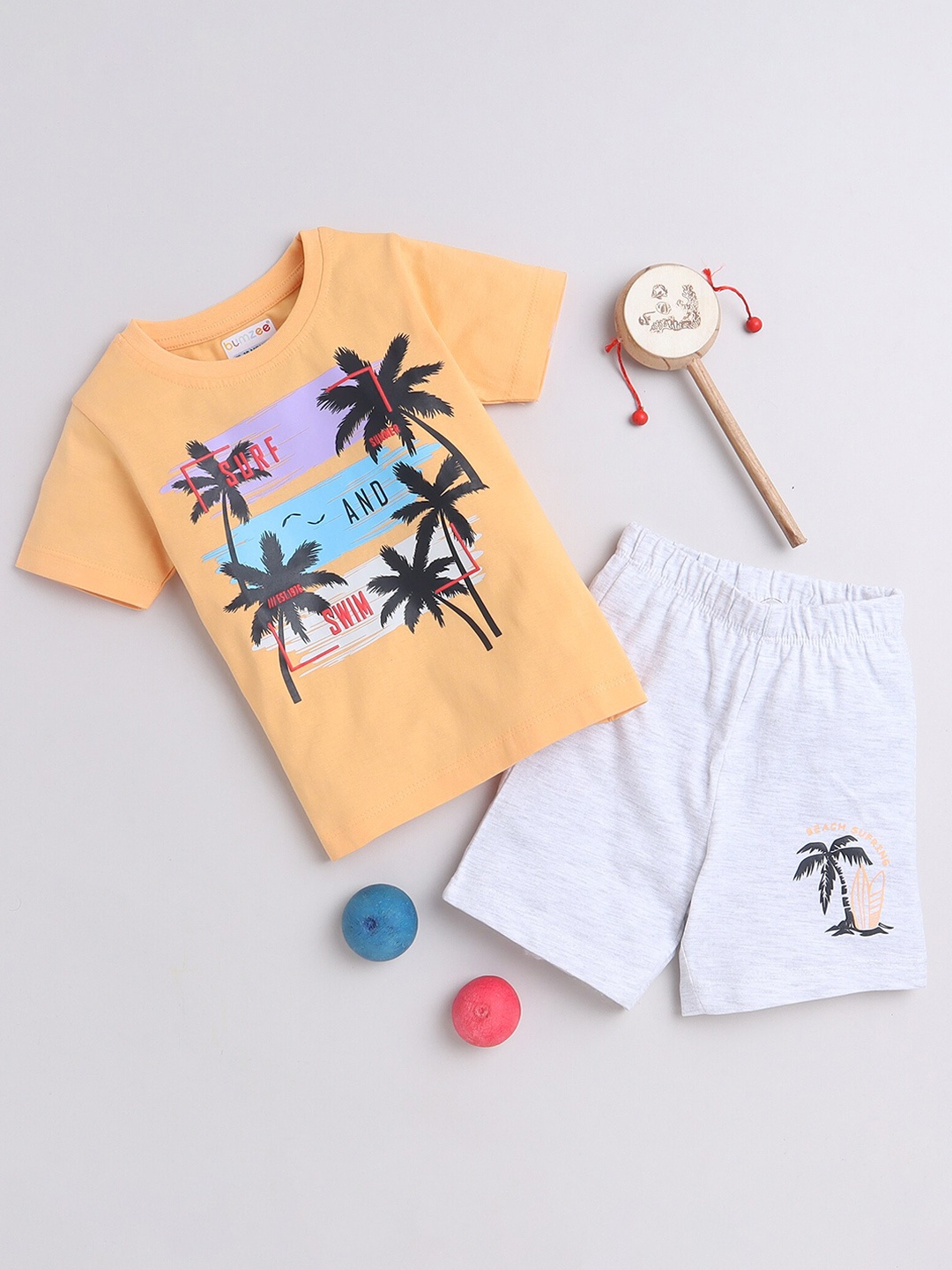 

BUMZEE Infant Boys Printed Pure Cotton T-shirt with Shorts, Orange