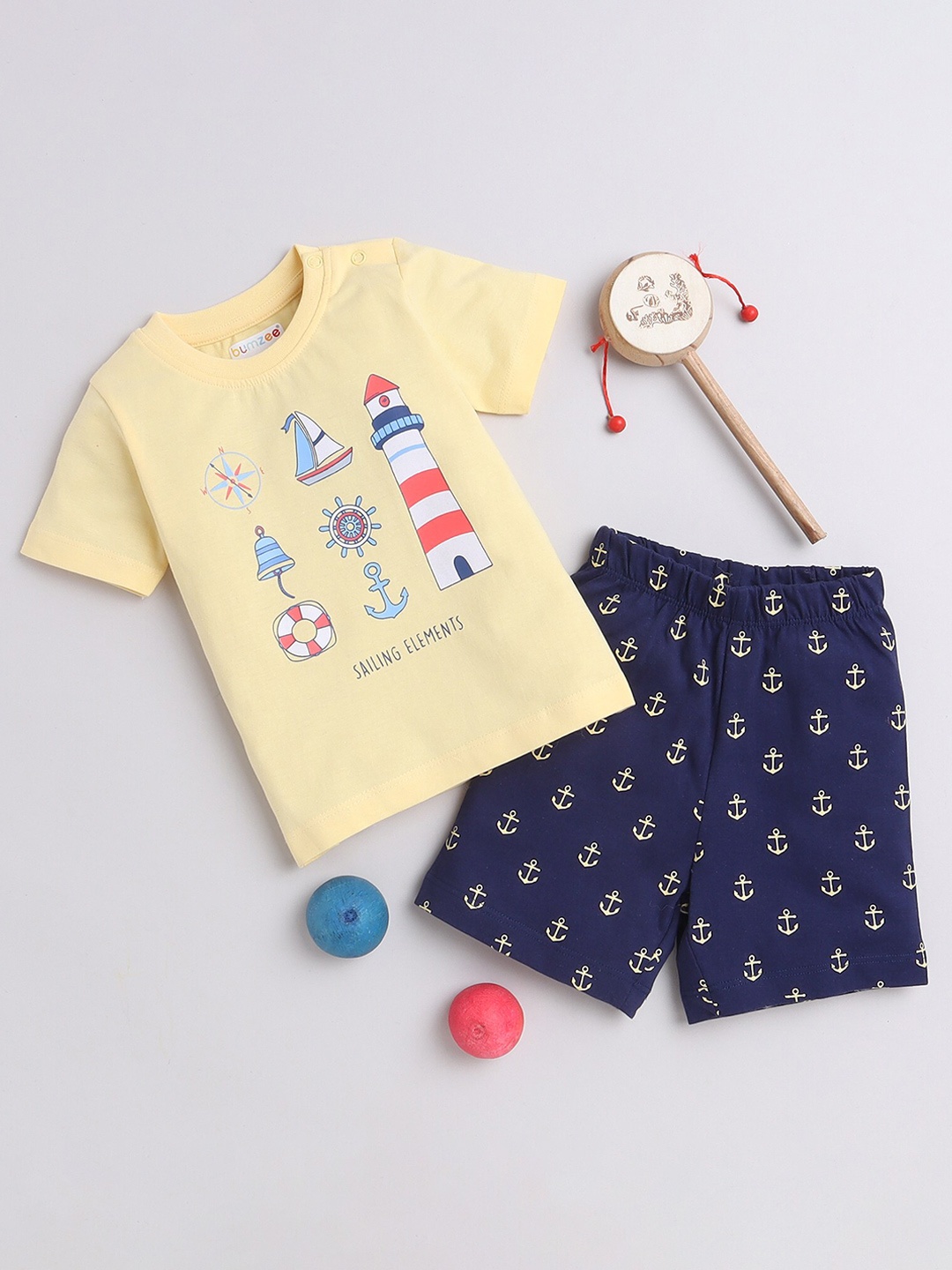 

BUMZEE Infant Boys Printed Pure Cotton T-shirt with Shorts, Navy blue