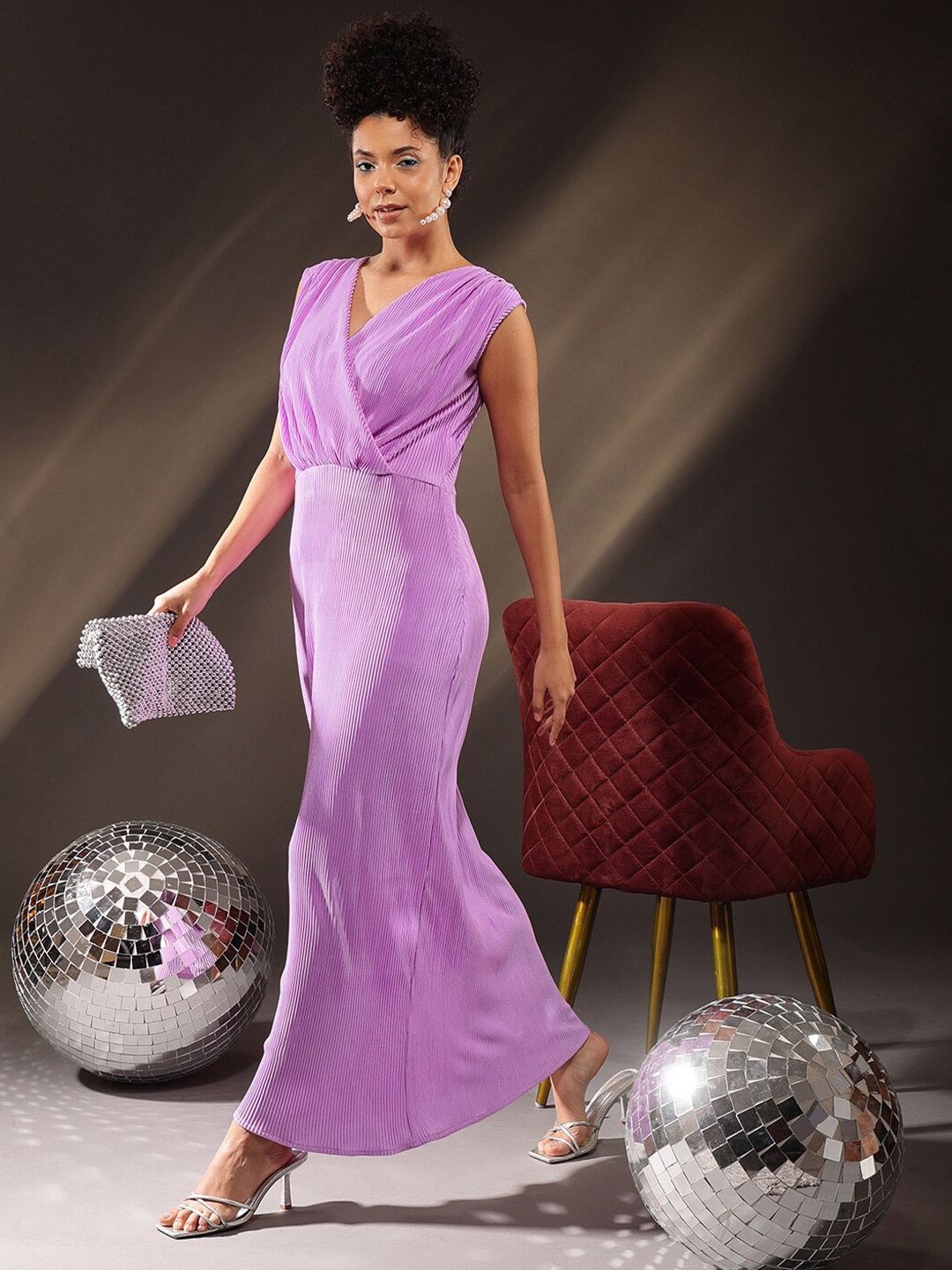 

ATRAENTA Striped V-Neck Gathered Detailed Accordion Pleated Satin Maxi Dress, Purple