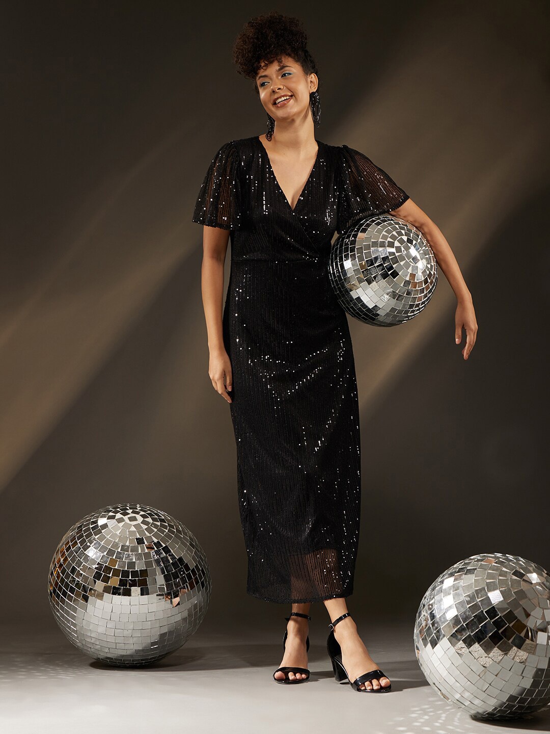 

ATRAENTA Embellished V-Neck Flared Sleeves Sequinned Detailed Satin A-Line Midi Dress, Black