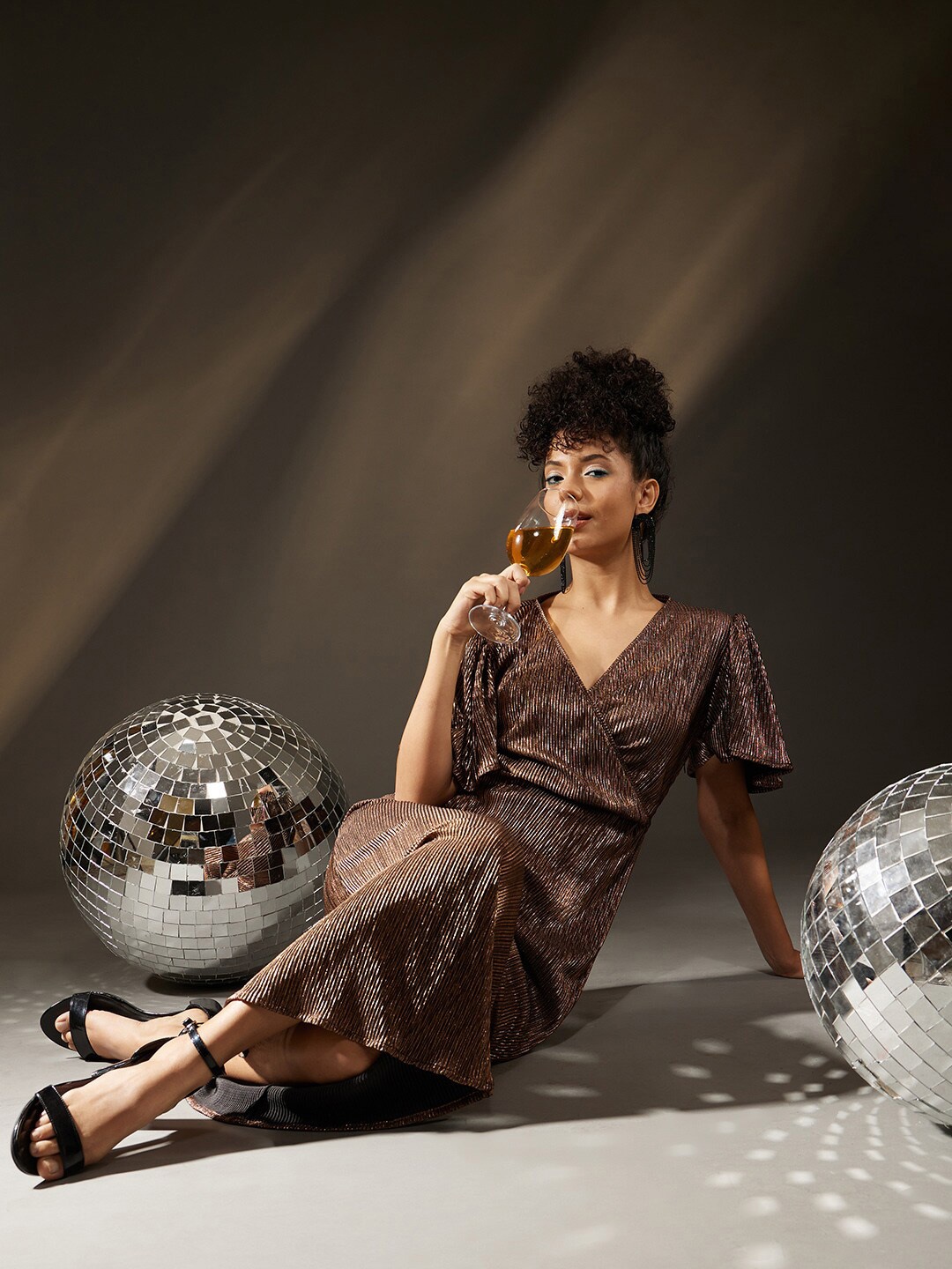 

ATRAENTA Self Design V-Neck Satin Maxi Dress, Gold