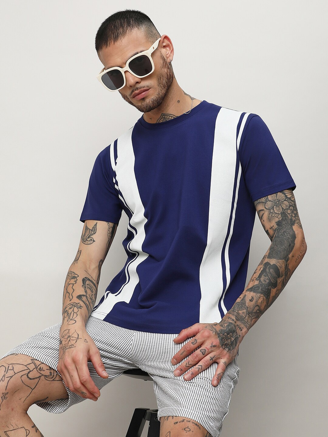 

Campus Sutra Blue Striped Round Neck Cotton T-shirt