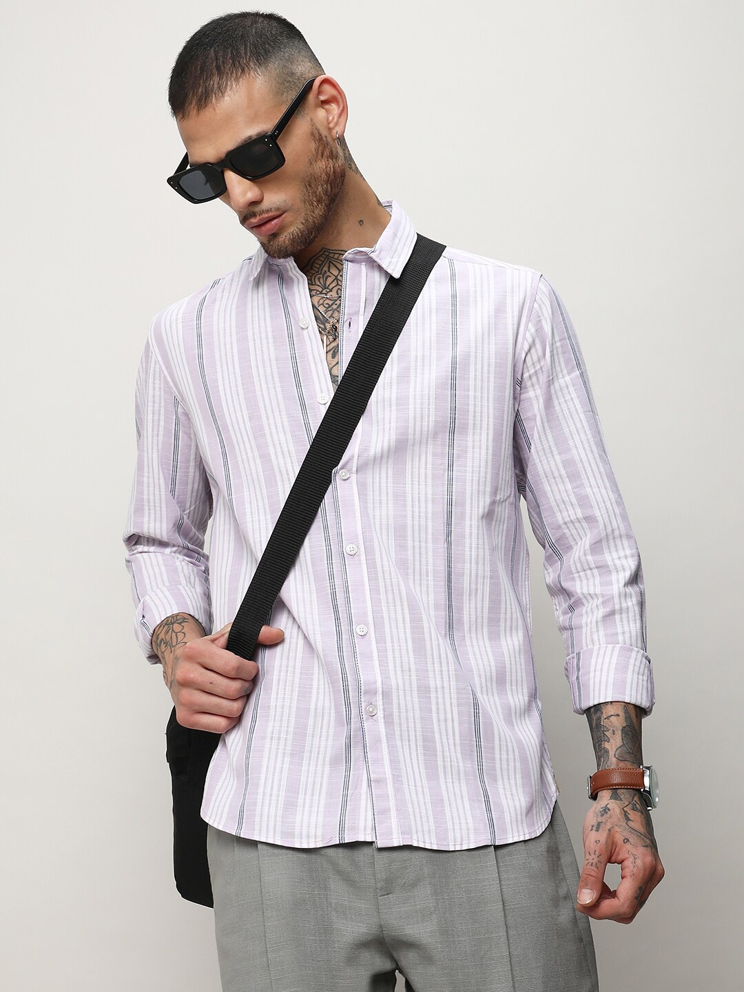 

Campus Sutra White Vertical Striped Classic Cotton Casual Shirt, Purple