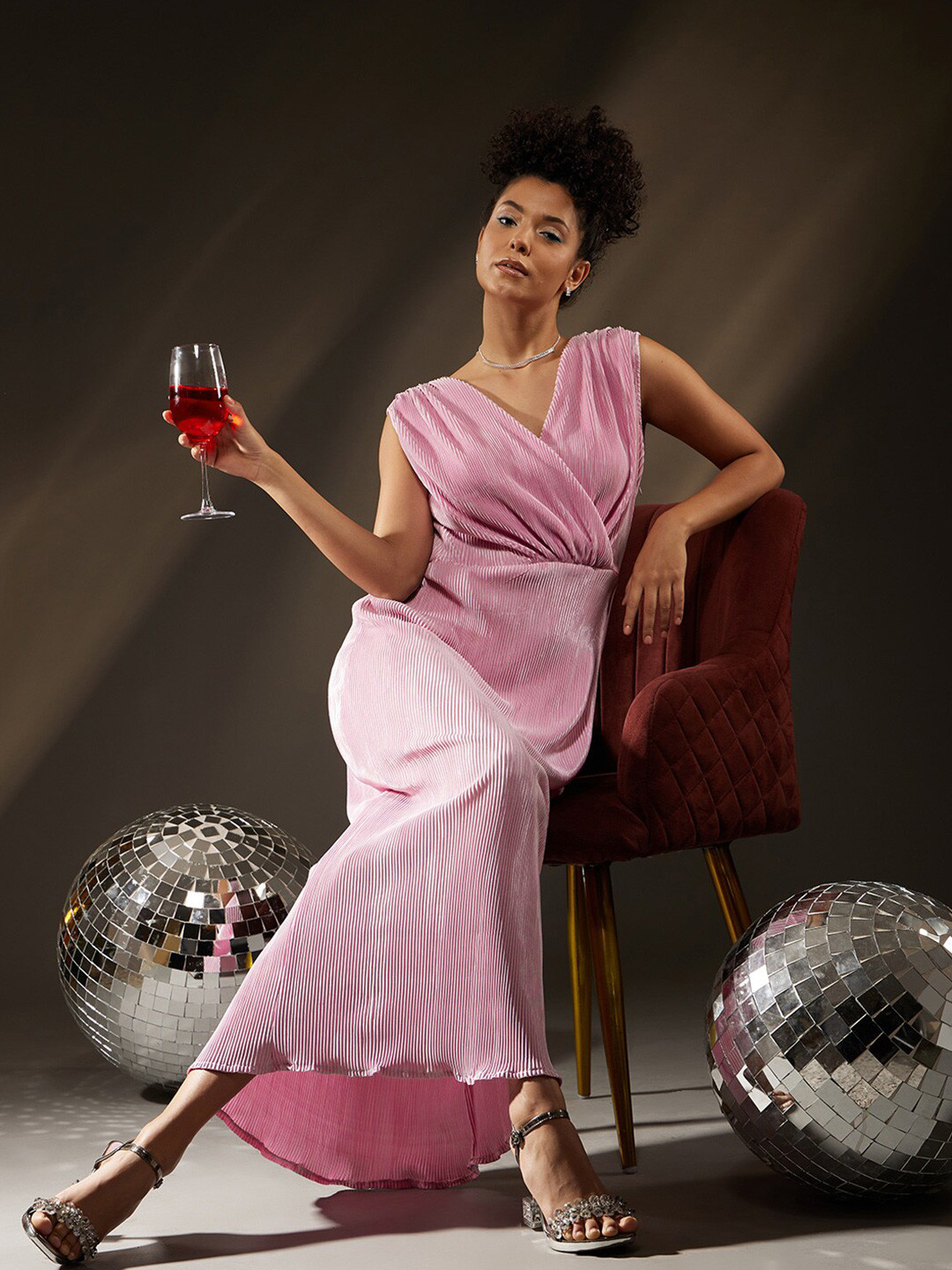 

KALINI Self Design Satin Maxi Dress, Pink