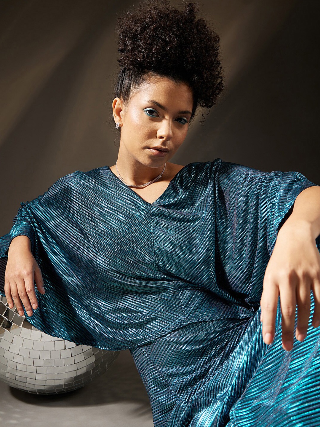 

KALINI Striped V-Neck Satin Maxi Dress, Blue