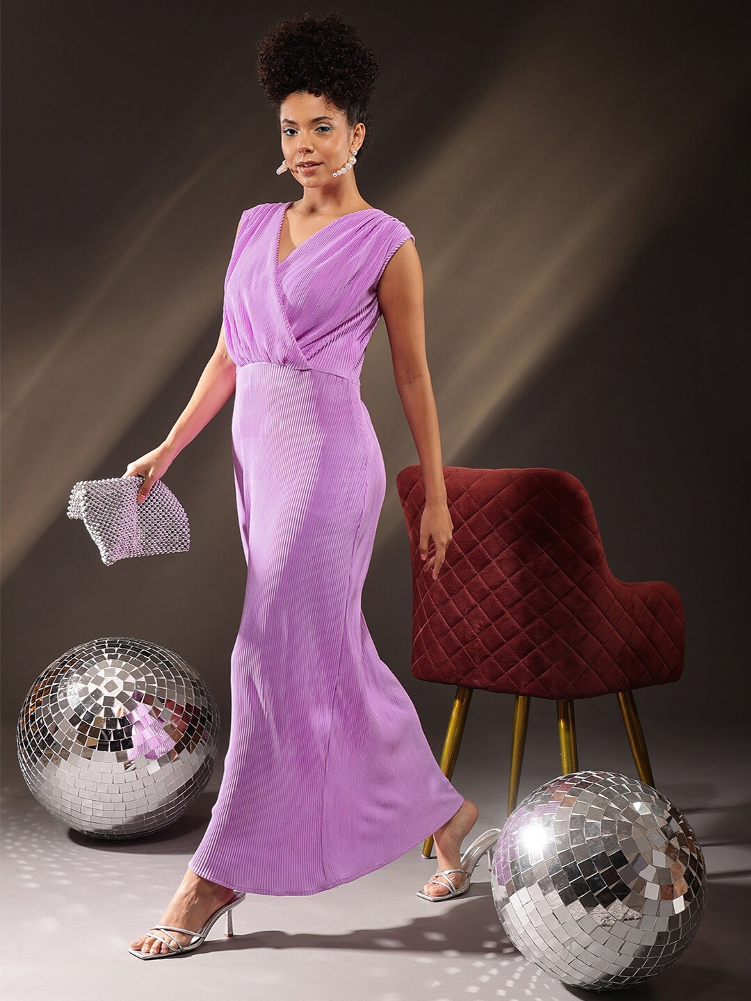 

KALINI Accordion Pleated V-Neck Wrap Maxi Dress, Purple
