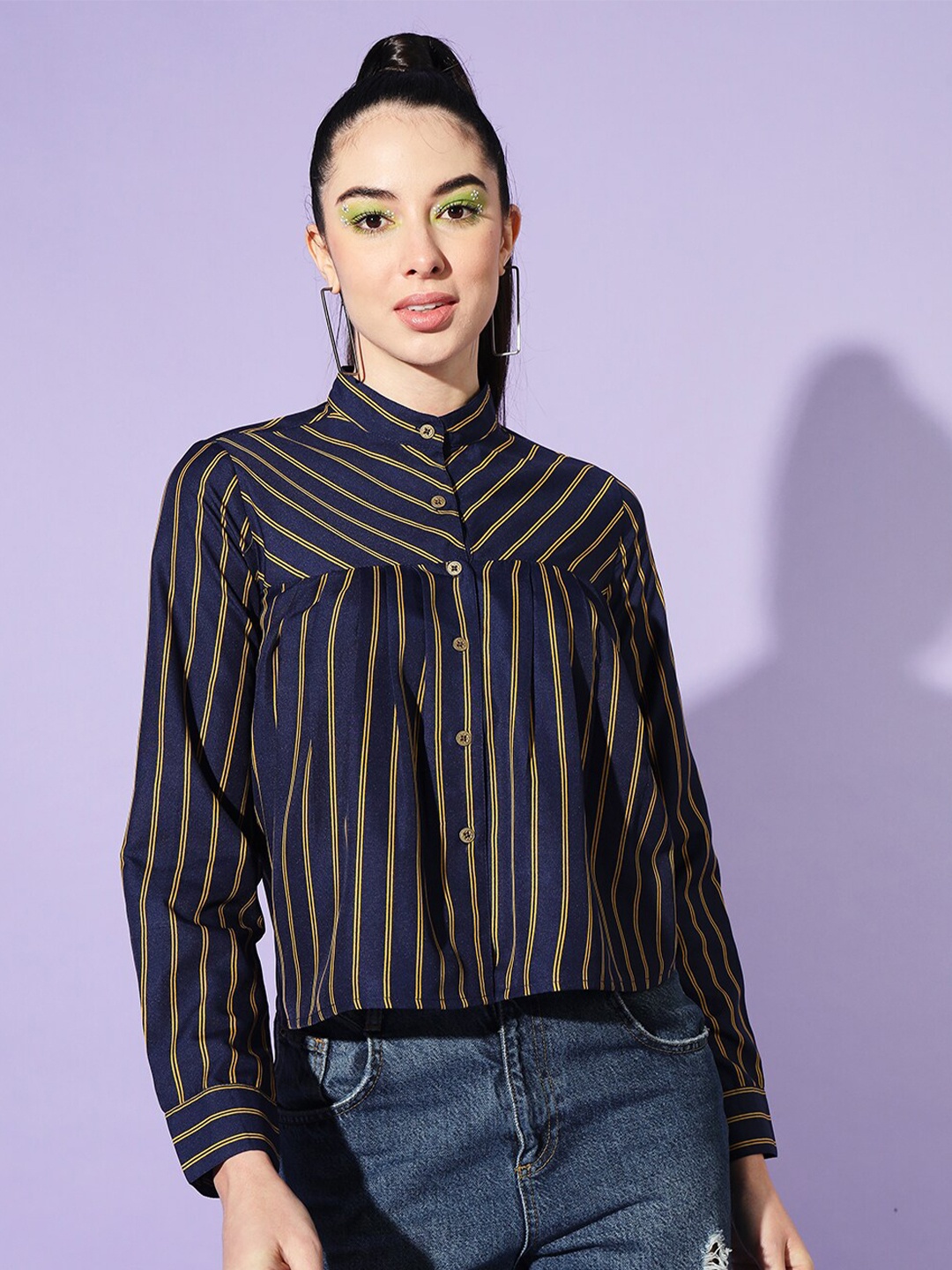

Slenor Boxy Opaque Striped Casual Shirt, Navy blue