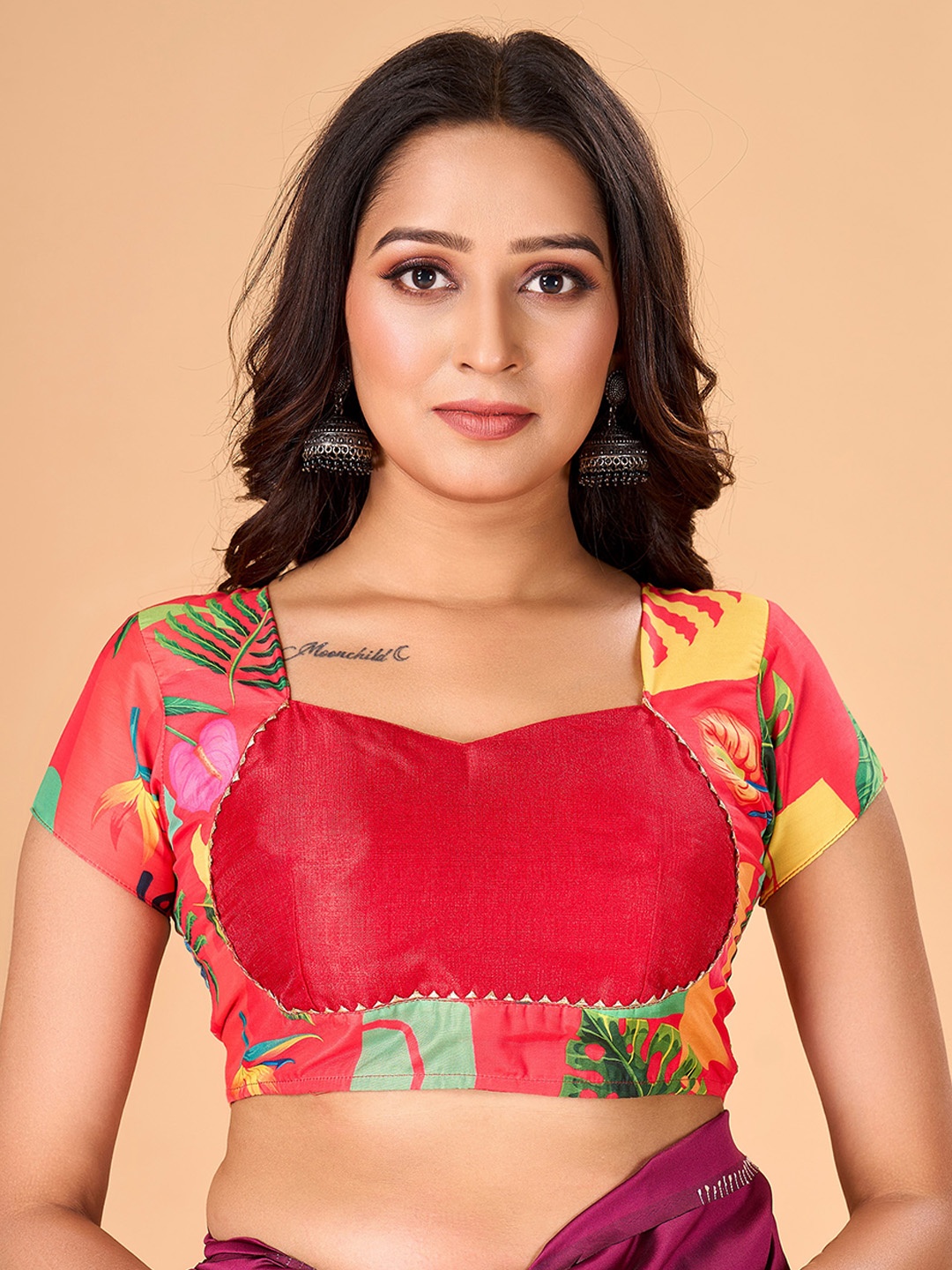 

flaher Printed Sweetheart Neck Silk Saree Blouse, Red