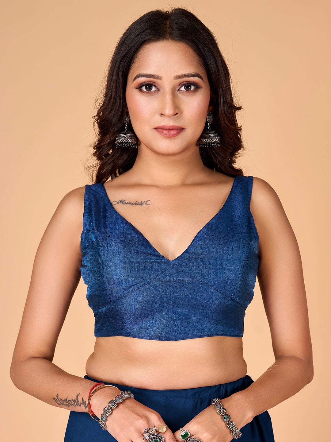 

flaher V-Neck Silk Saree Blouse, Navy blue