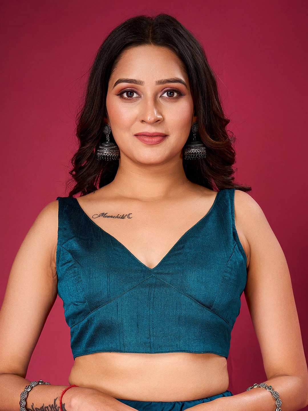 

flaher V-Neck Silk Saree Blouse, Teal