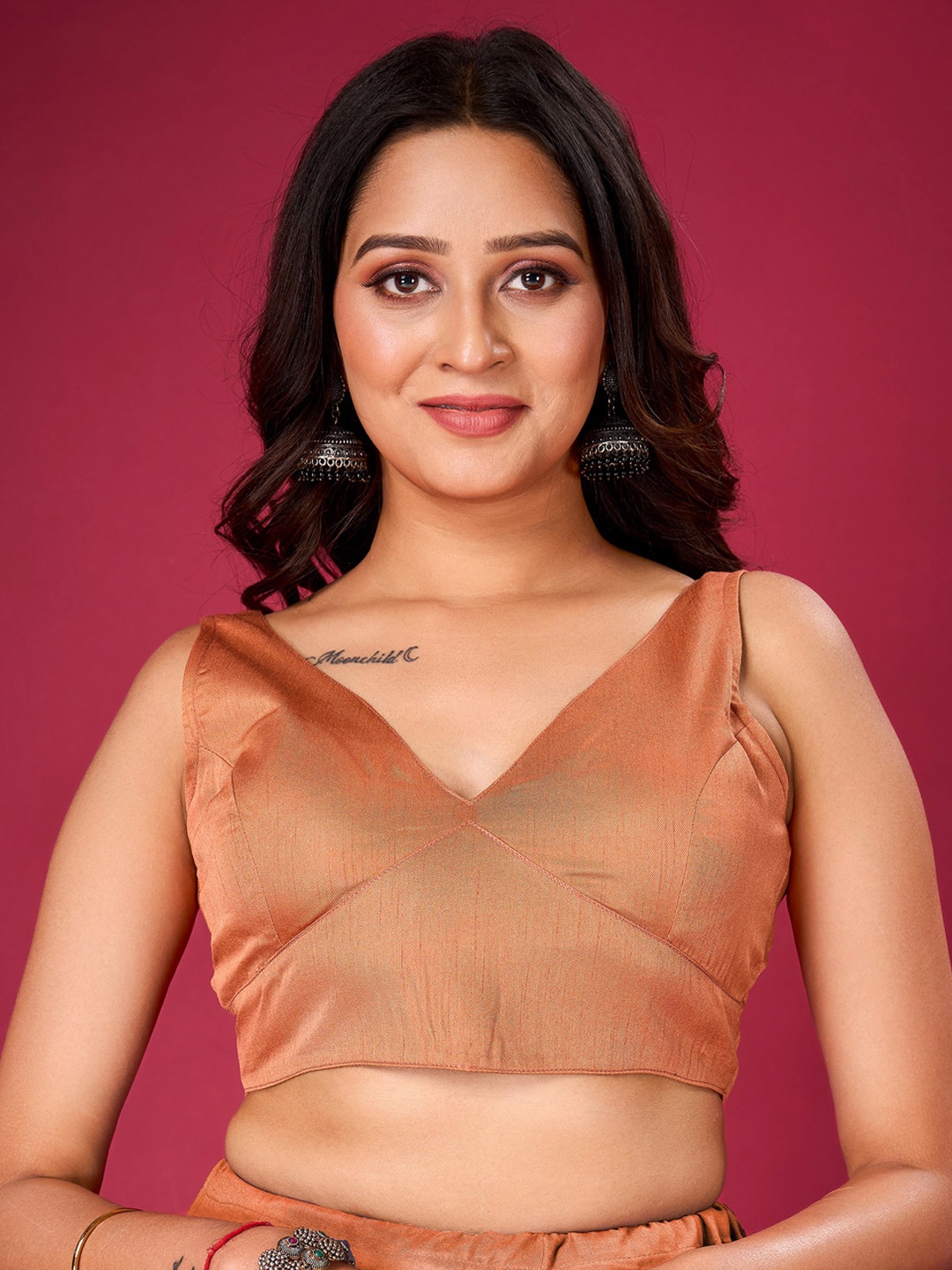 

flaher V-Neck Silk Saree Blouse, Rust