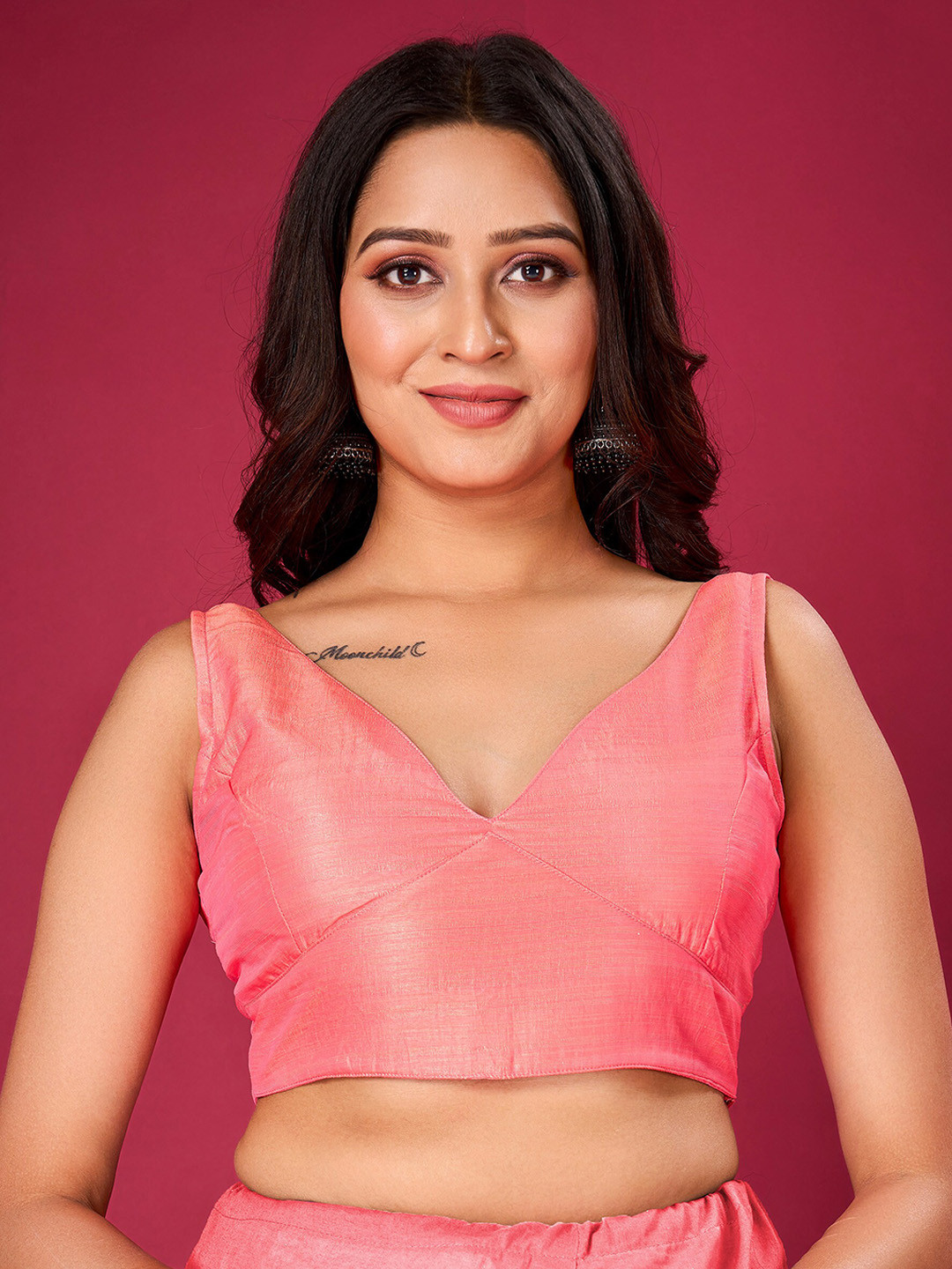 

flaher V-Neck Silk Ready To Wear Saree Blouse, Pink