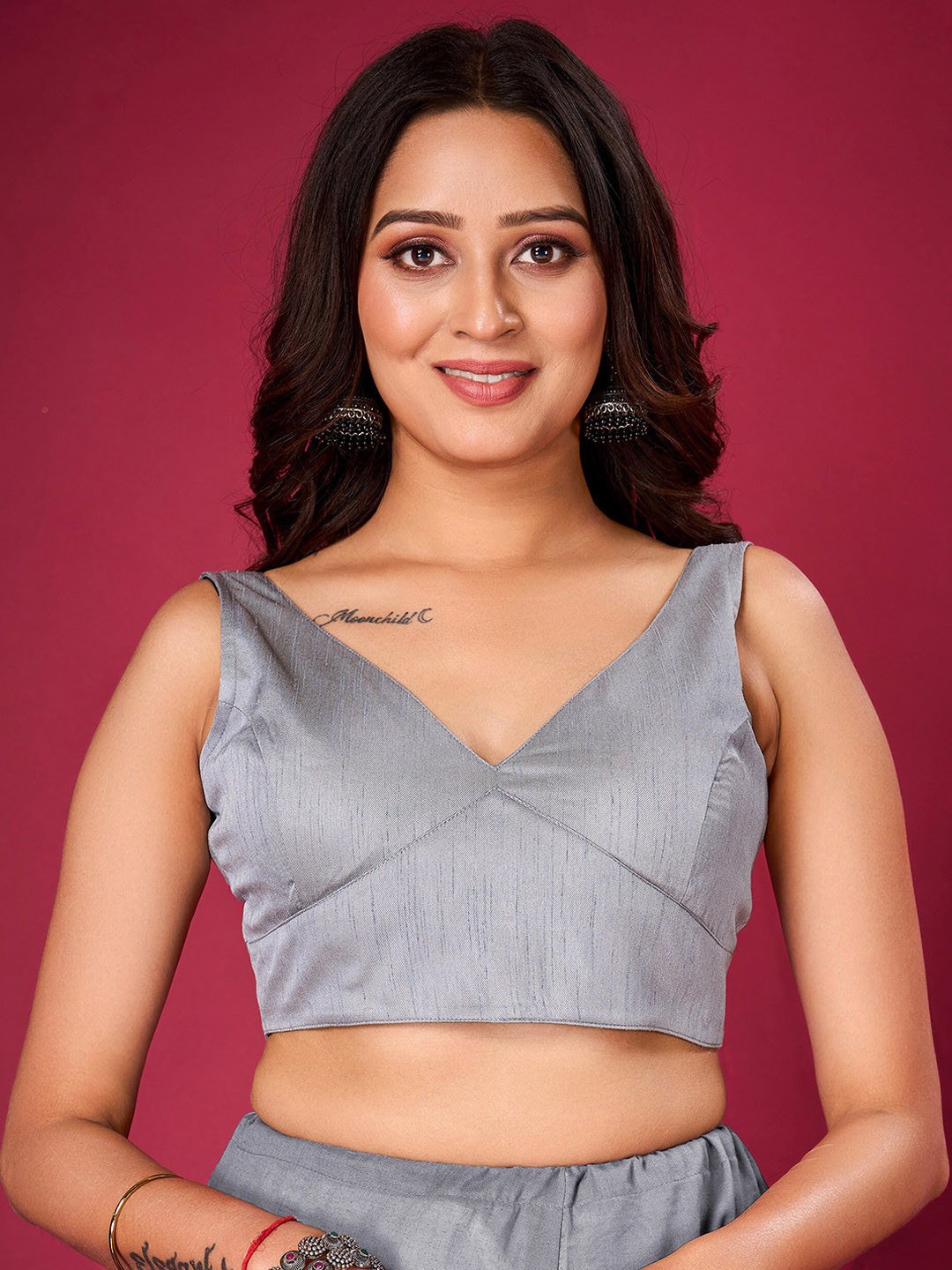 

flaher V-Neck Silk Ready To Wear Saree Blouse, Grey