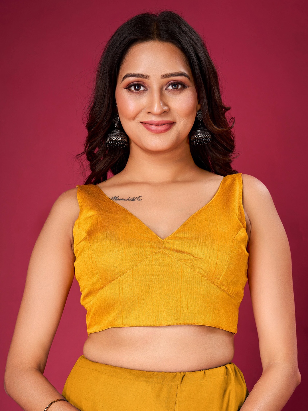 

flaher V-Neck Silk Ready To Wear Saree Blouse, Mustard