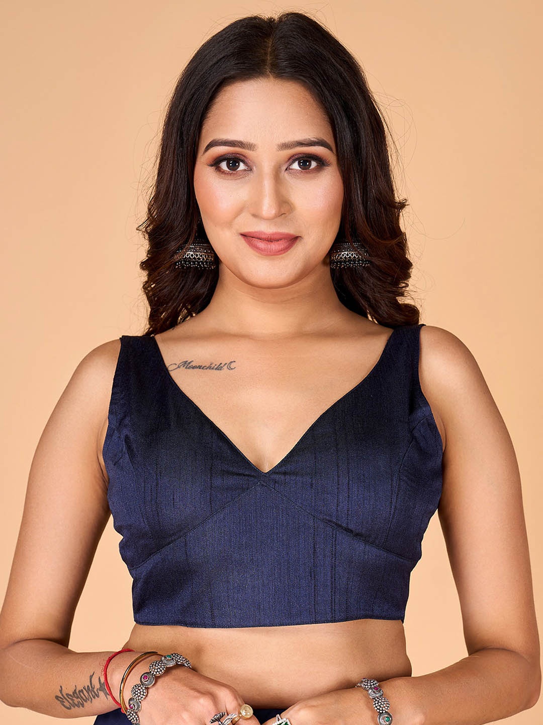 

flaher V-Neck Silk Ready To Wear Saree Blouse, Navy blue