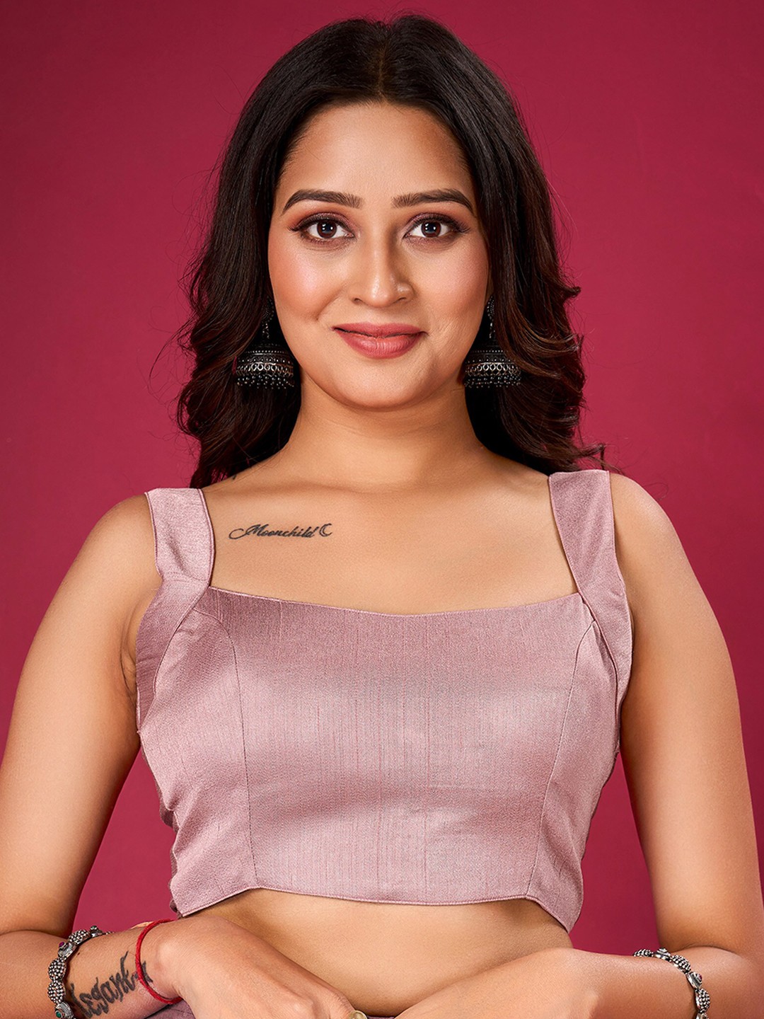 

flaher Square Neck Silk Ready To Wear Saree Blouse, Pink