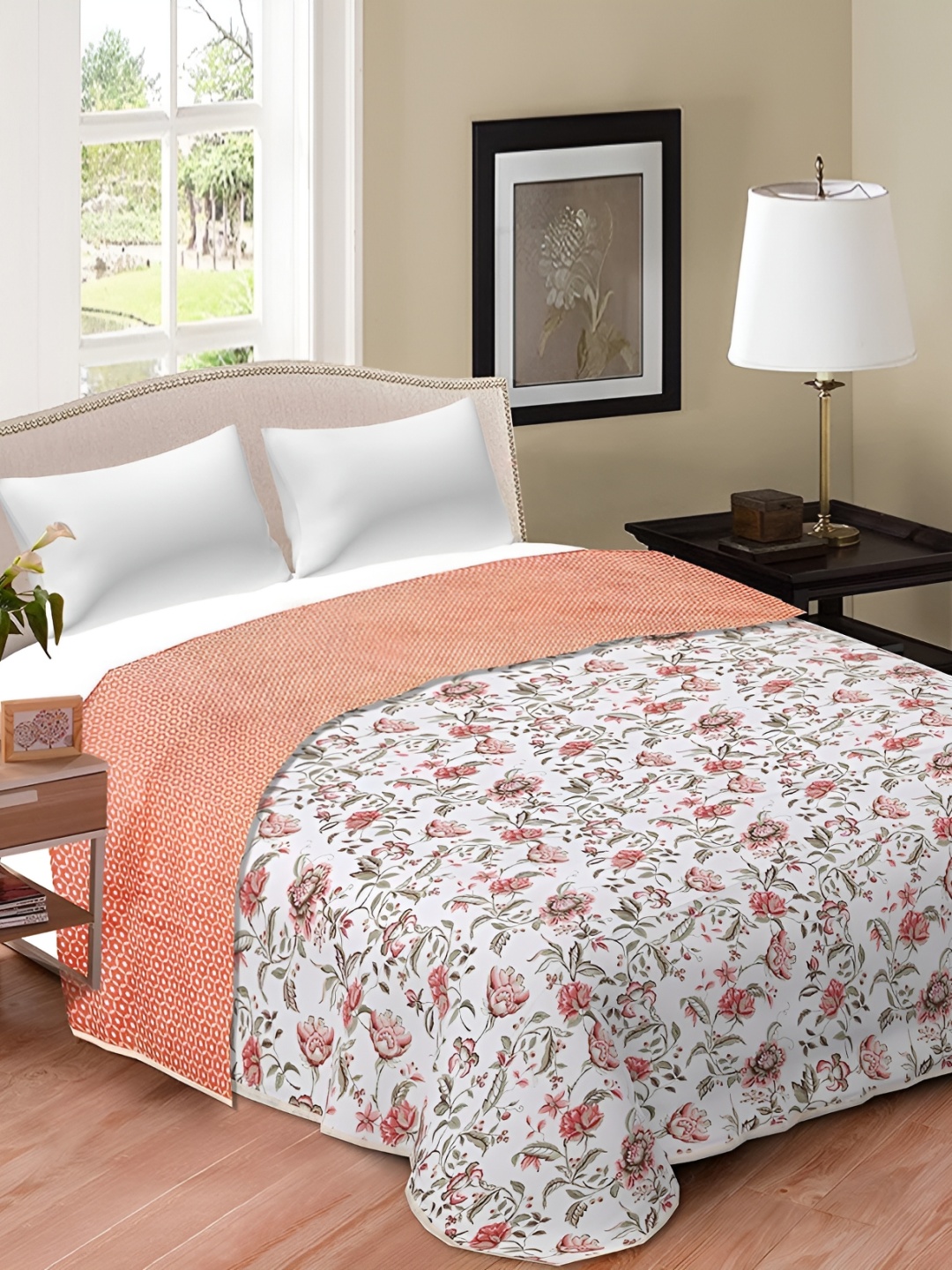 

Comfowell Peach-Coloured & White Floral AC Room 110 GSM Double Bed Dohar